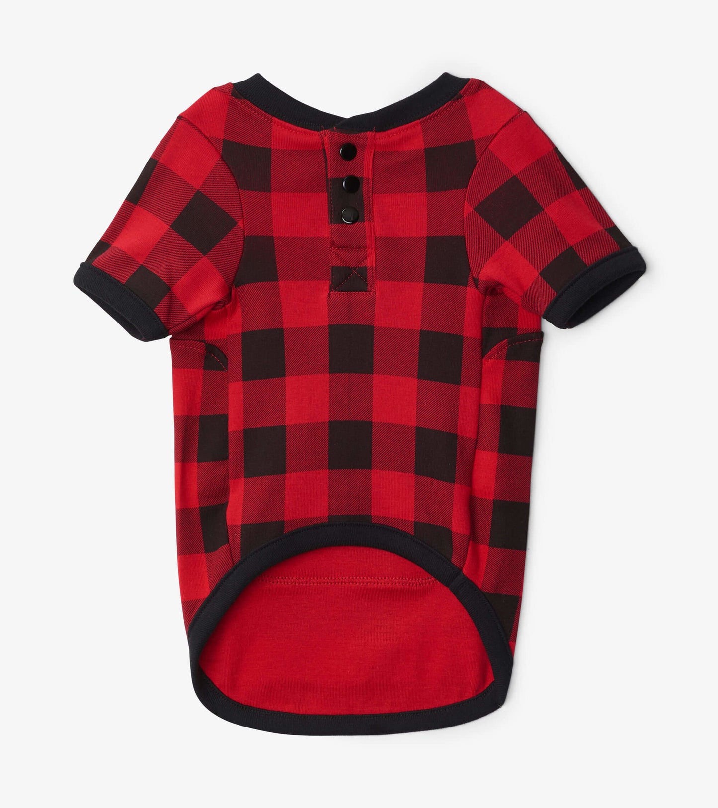 Red and black plaid dog tee with short sleeves and a buttoned back, made from soft fabric.