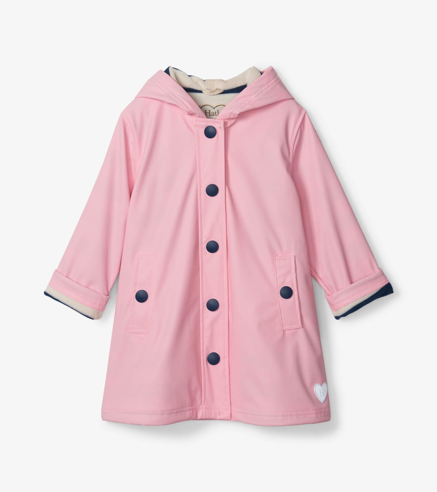 Pink button-up rain jacket with navy buttons and striped lining, featuring a hood and front pockets.