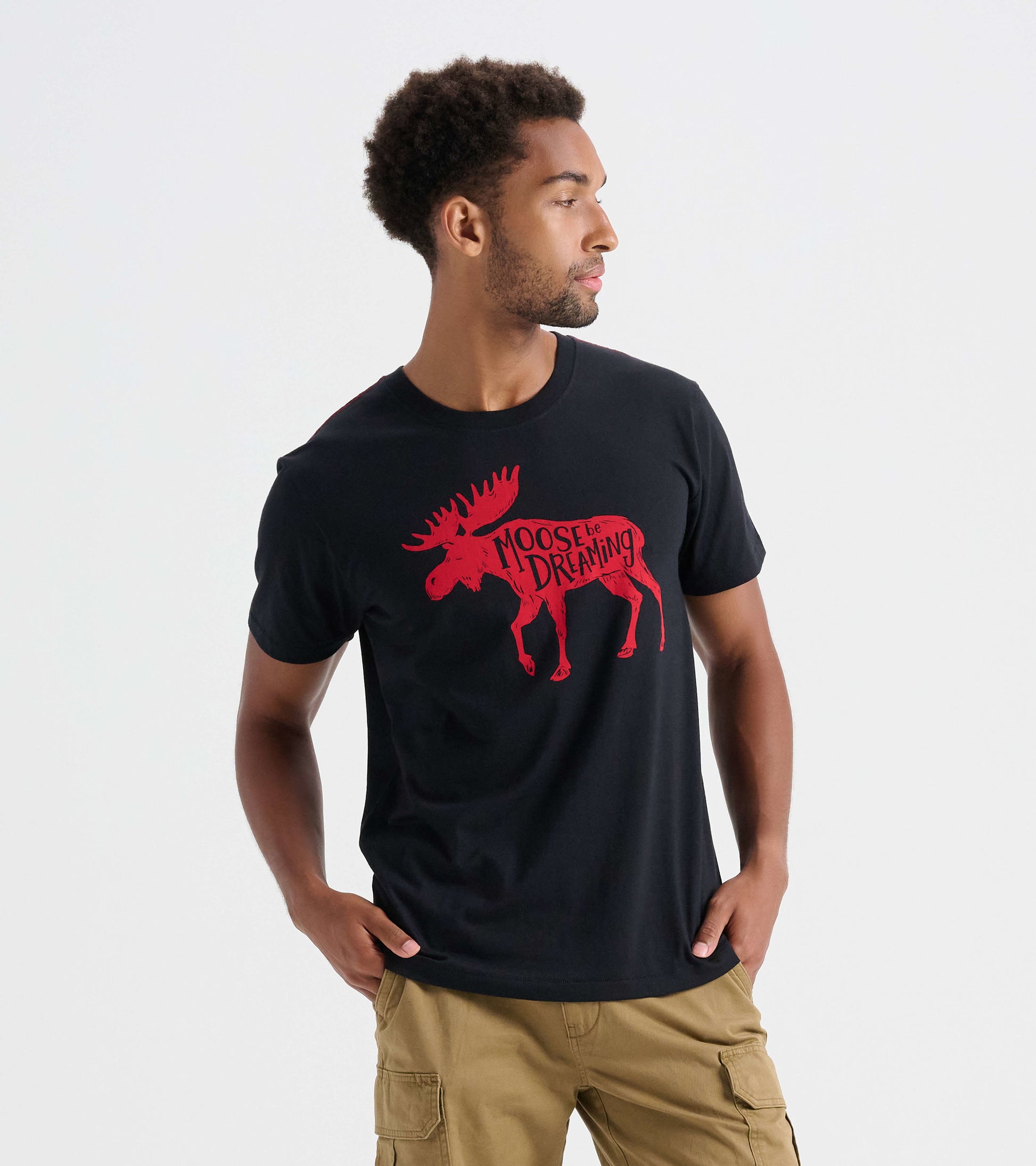 Black men's tee featuring a red moose graphic and text design, suitable for casual wear.
