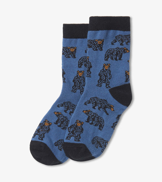 Blue crew socks featuring playful bear patterns with black accents, suitable for kids aged 2-7.