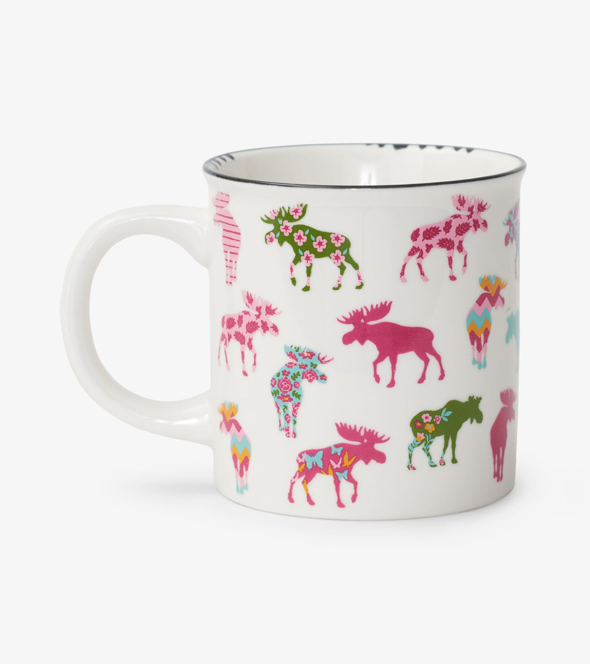 White ceramic camping mug featuring colorful patterned moose in various designs and colors.