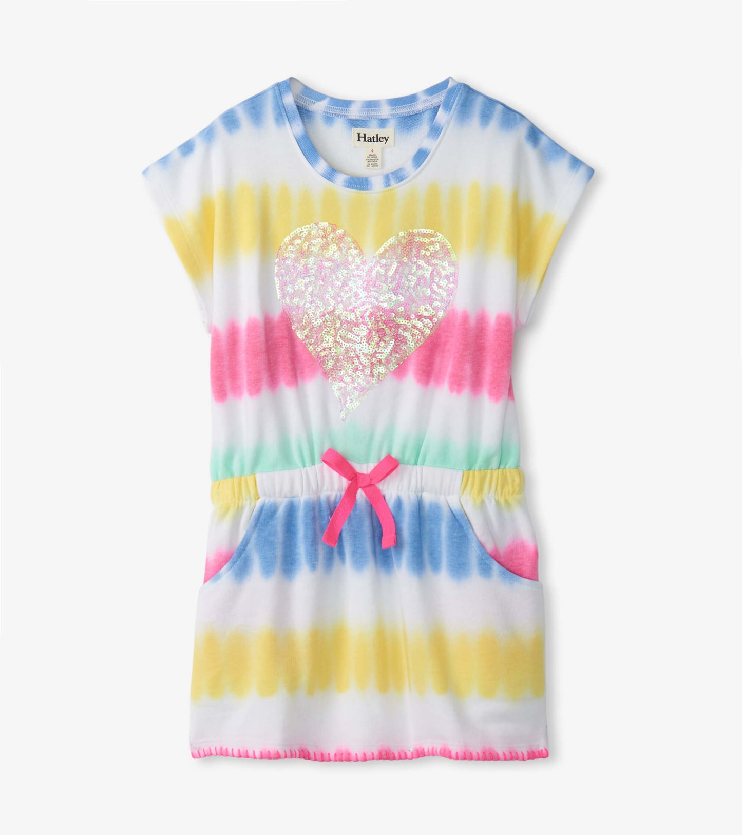 Girls' pull-on dress featuring a colorful sunset tie-dye pattern, a sequin heart, and a pink drawstring waist.