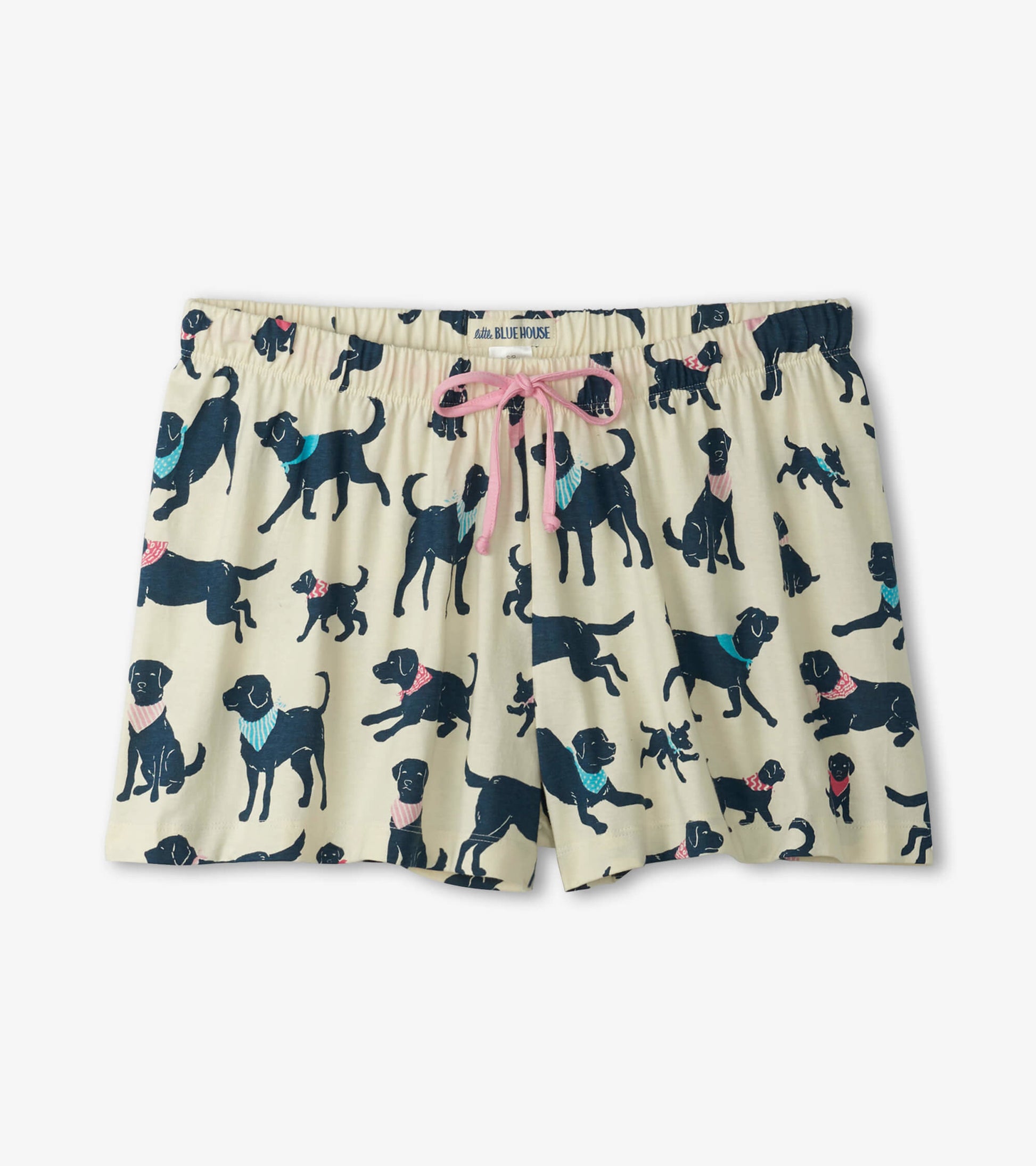 Cotton sleep shorts featuring a playful dog print in navy on a cream background, with an elastic waistband and pink drawstri…