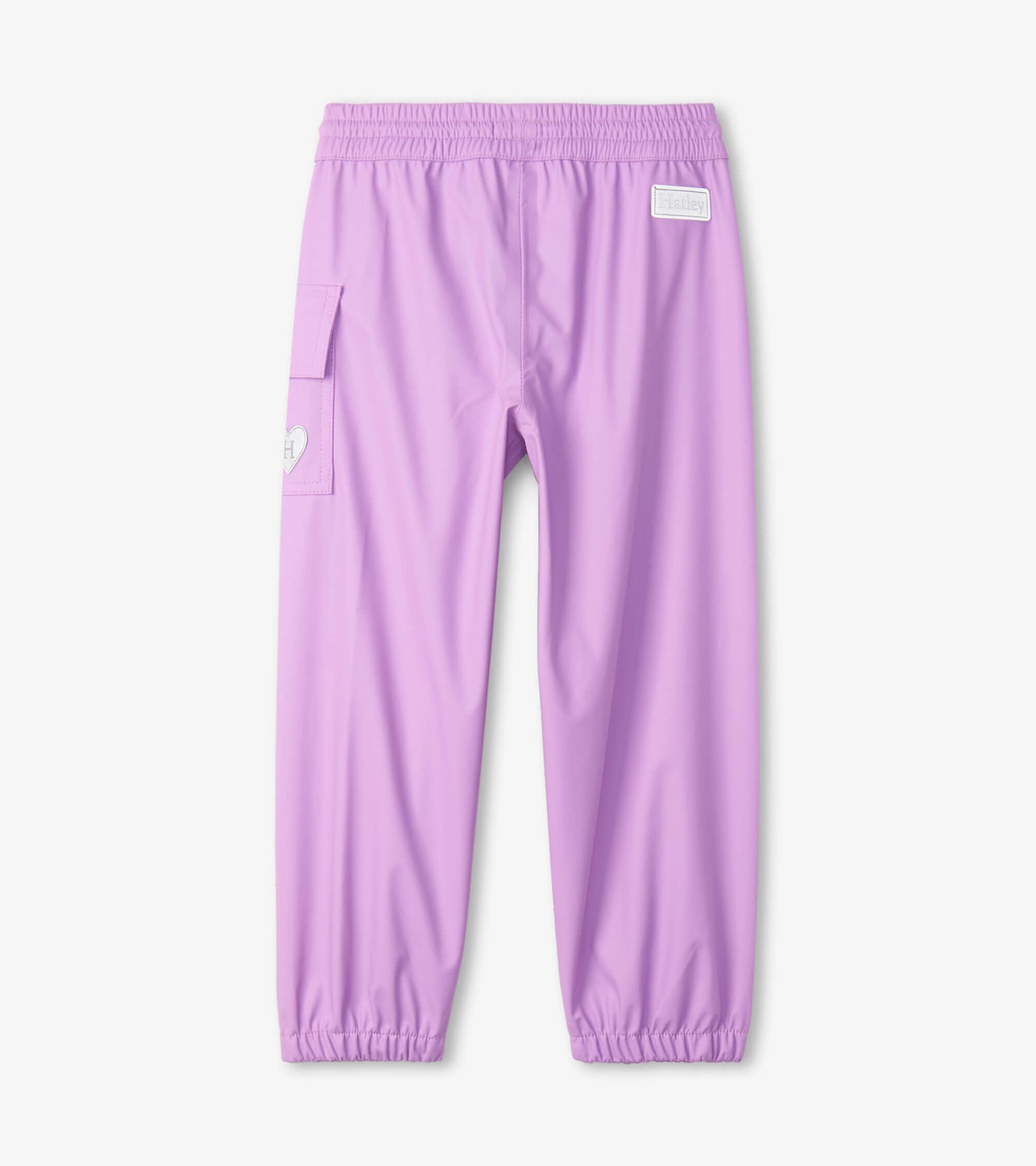 Lilac waterproof kids' rain pants with elastic waistband and side pocket, designed for outdoor play.