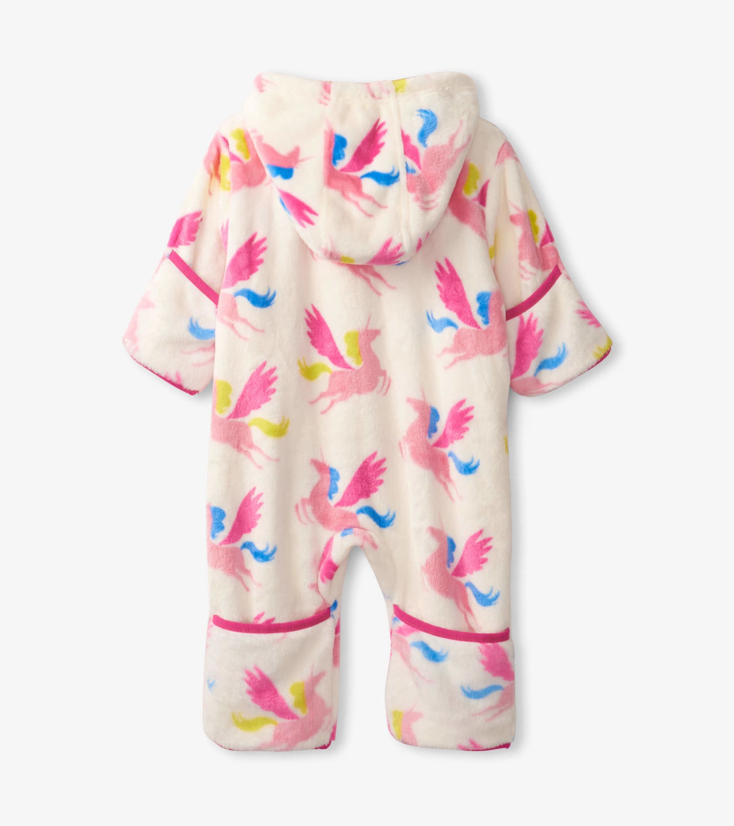 Pink and white fleece baby suit with colorful unicorn print and a hood, featuring short sleeves and elastic cuffs.