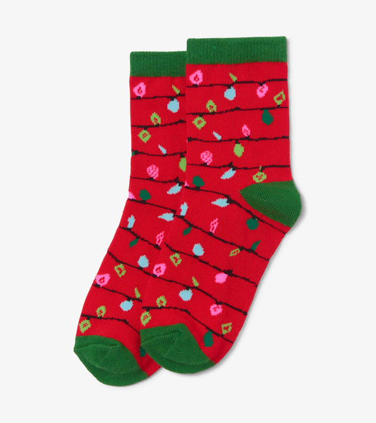 Red crew socks featuring colorful light bulb patterns and a green cuff, suitable for kids aged 2-7.