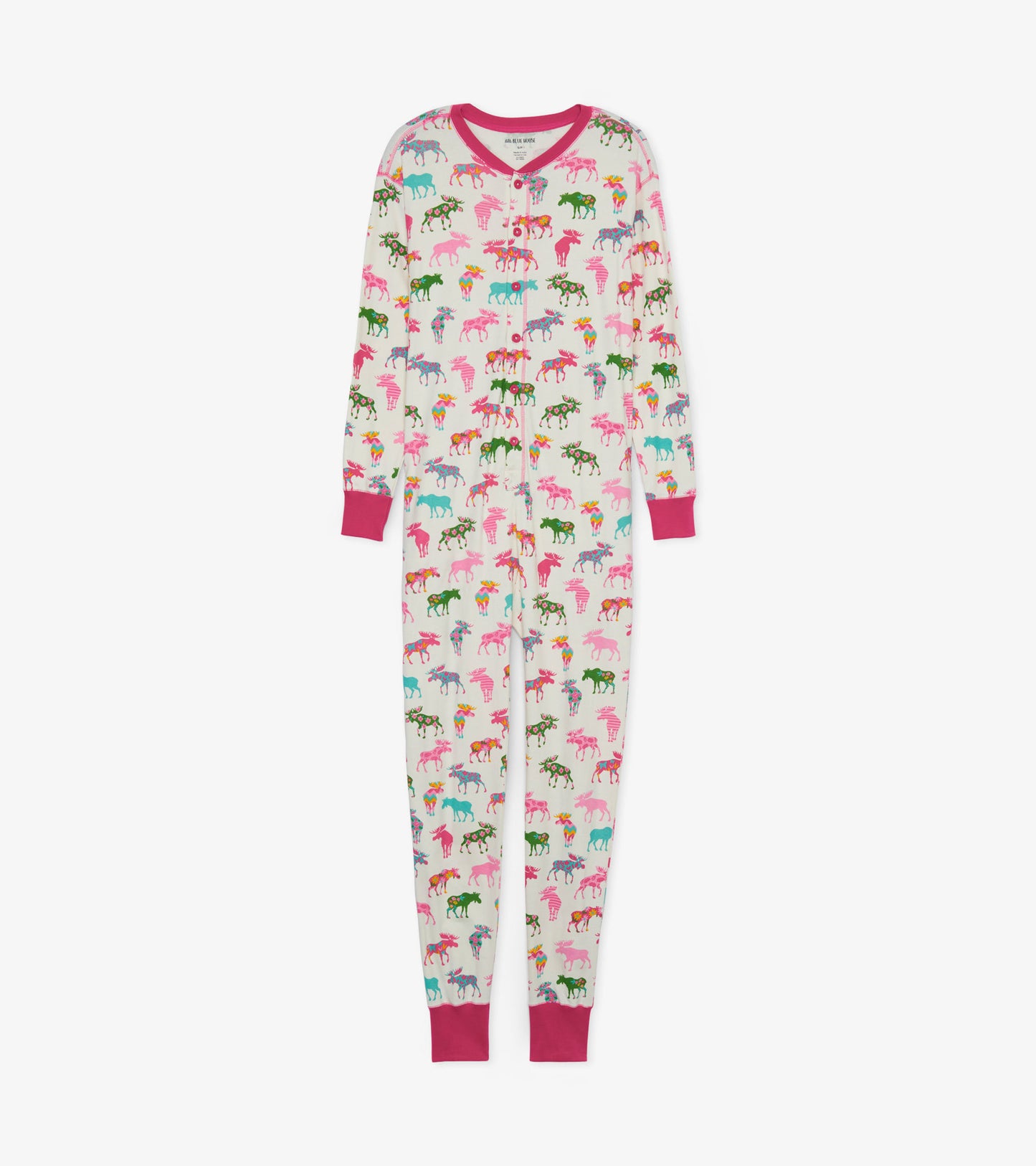 Adult onesie featuring a colorful moose pattern on a cream background, with pink cuffs and neckline.