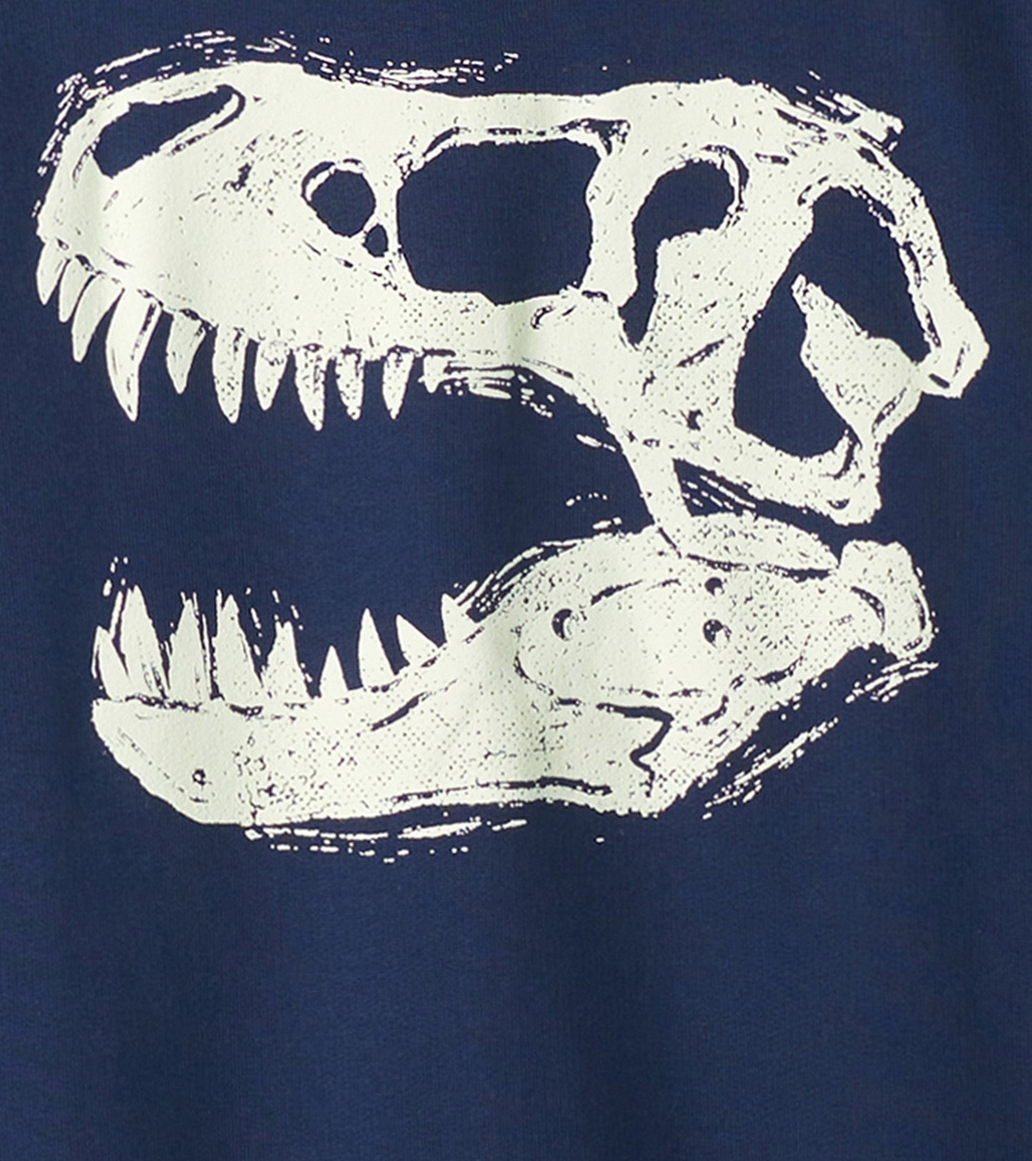 Navy pullover sweatshirt featuring a white dinosaur skull graphic on the front. Suitable for boys.