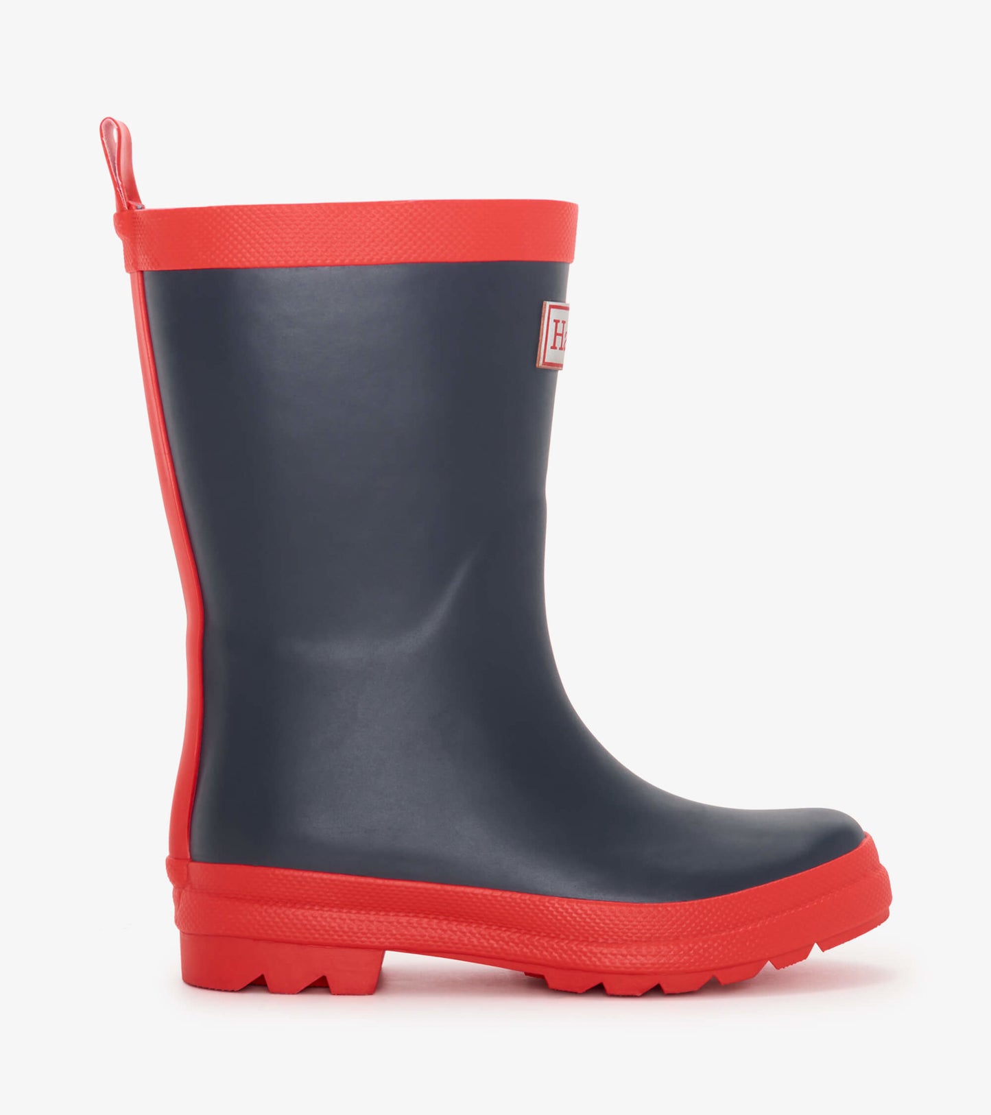 Navy blue and red matte rain boots with a textured sole and pull tab, designed for kids.