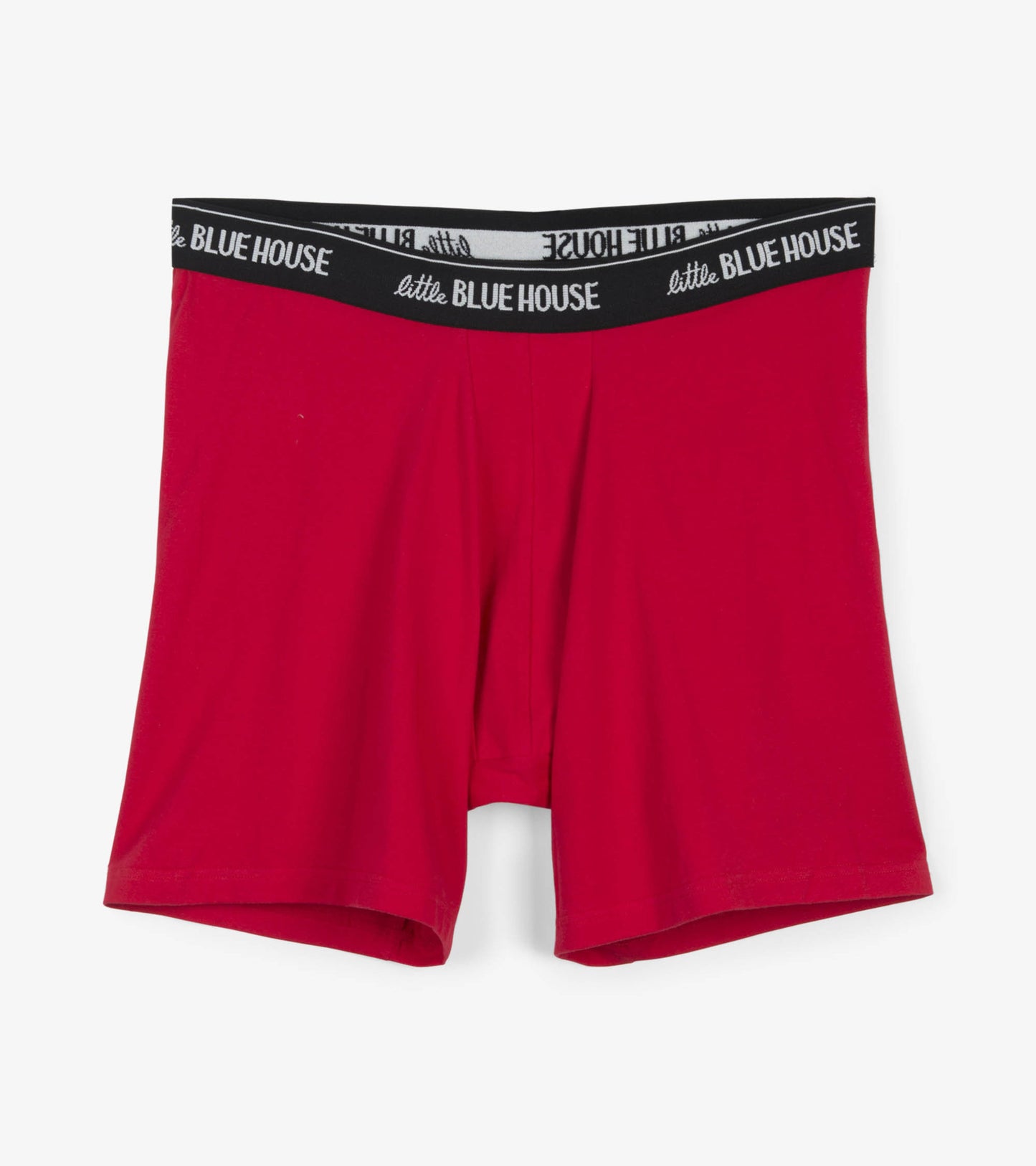 Red men's boxer briefs with a black waistband featuring white text. Soft, stretchy fabric for comfort.