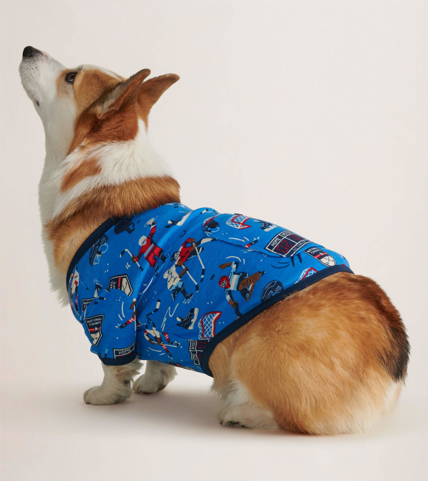 Blue dog tee featuring hockey-themed graphics, designed for playful pets.