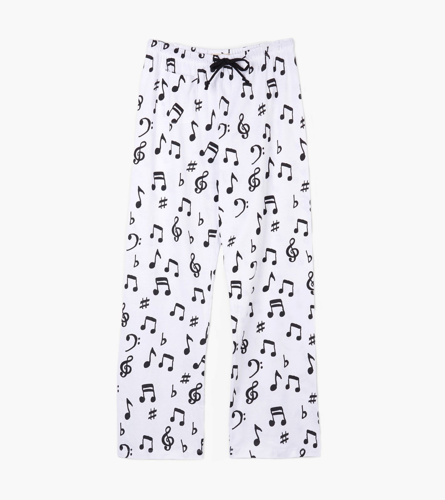 White cotton pajama pants featuring a black musical note pattern and an elastic waistband with a drawstring.