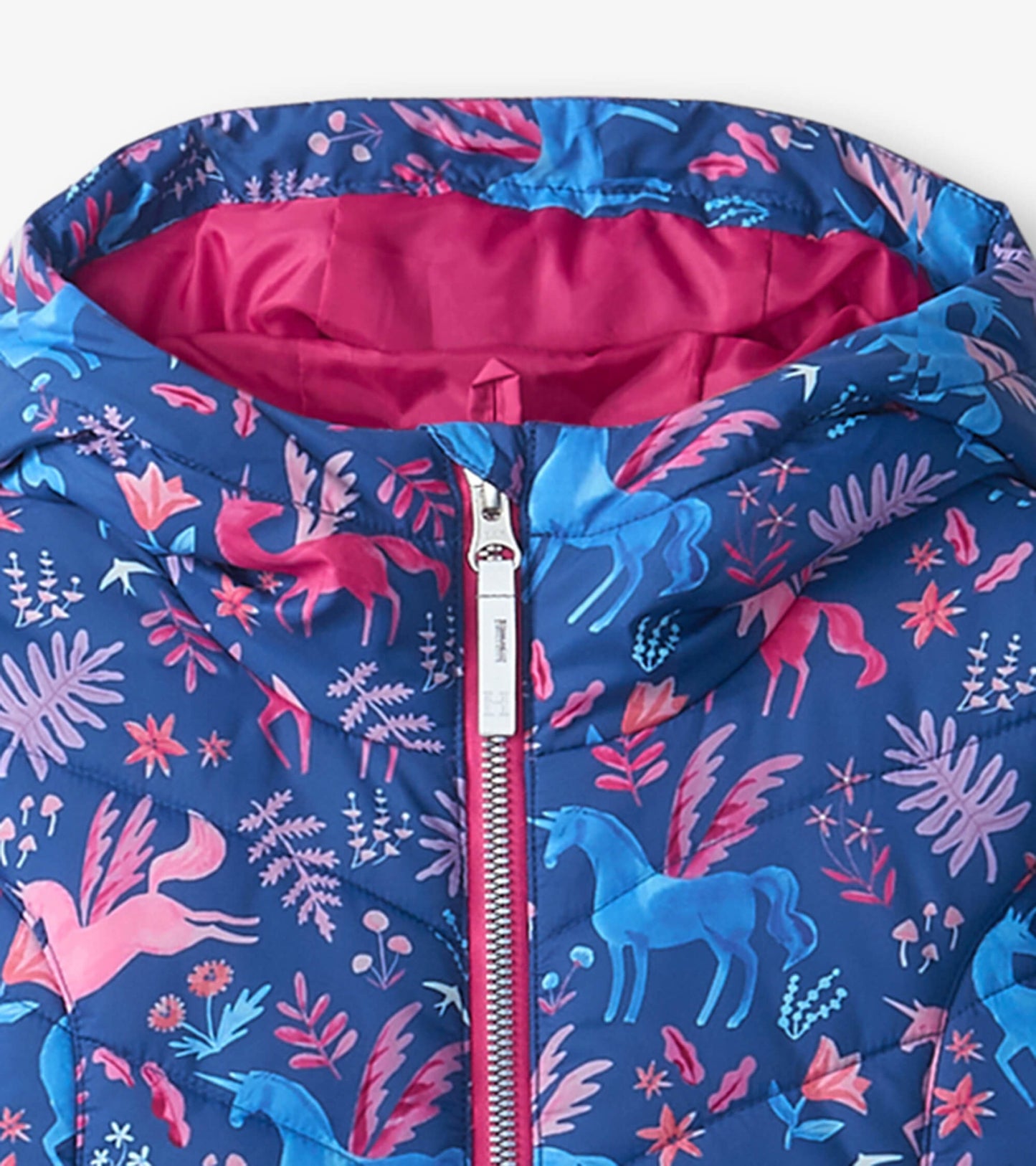 Navy puffer jacket featuring colorful unicorn and floral patterns, with a pink lining and zip closure.