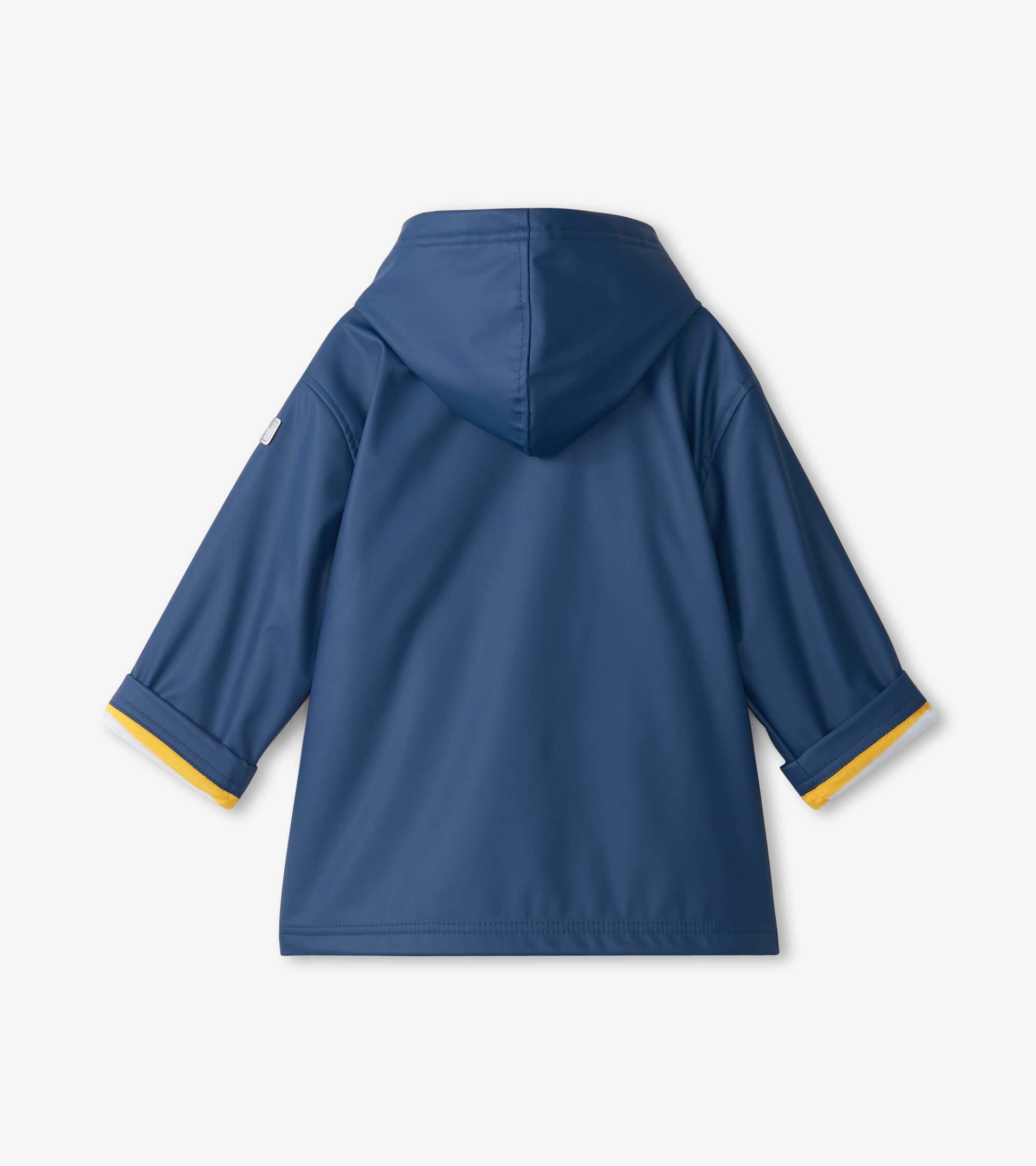 Navy zip-up rain jacket for kids with a hood and yellow trim on the sleeves. Back view displayed.
