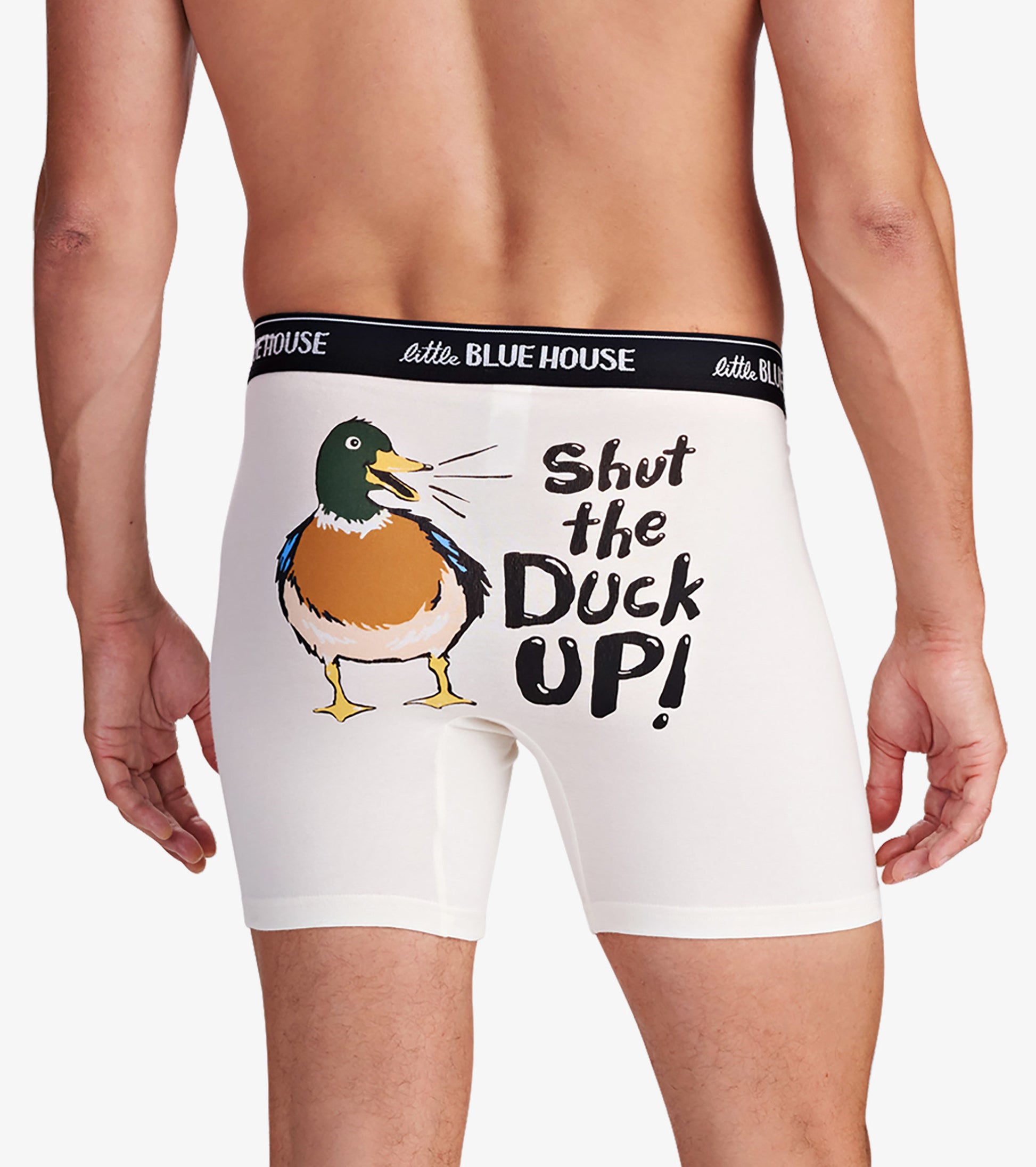 Men's white boxer briefs featuring a colorful duck graphic and the phrase "Shut the Duck Up!" on the back.