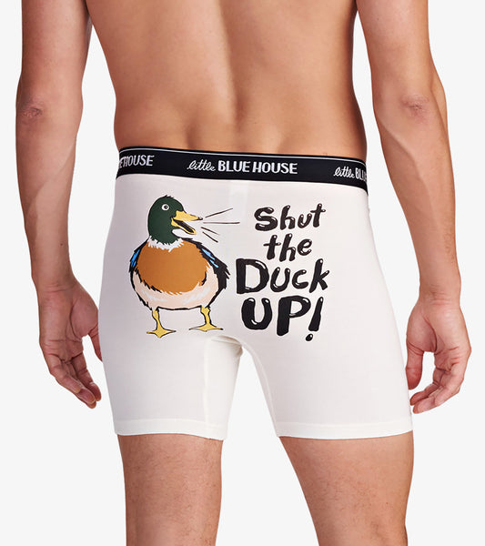 Men's white boxer briefs featuring a colorful duck graphic and the phrase "Shut the Duck Up!" on the back.