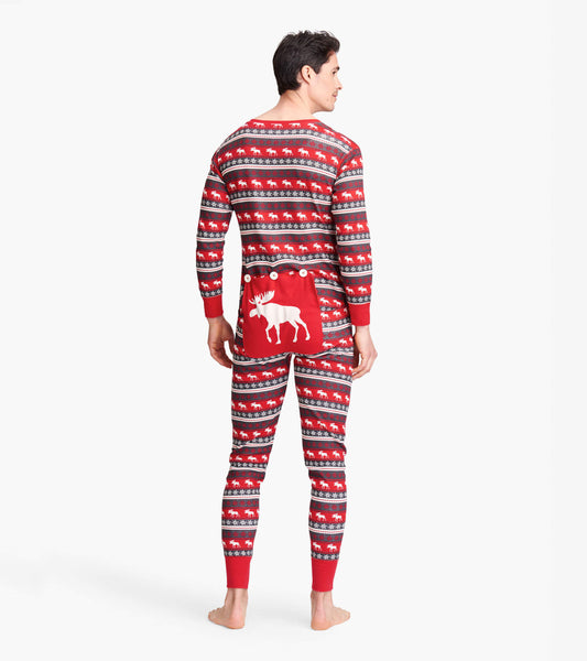 Red Fair Isle onesie featuring moose patterns, long sleeves, and a back pocket with a moose design.