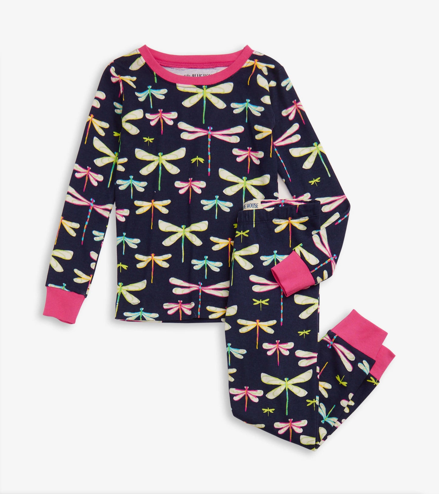 Navy pajama set featuring colorful dragonfly patterns, with pink cuffs and neckline, suitable for kids.