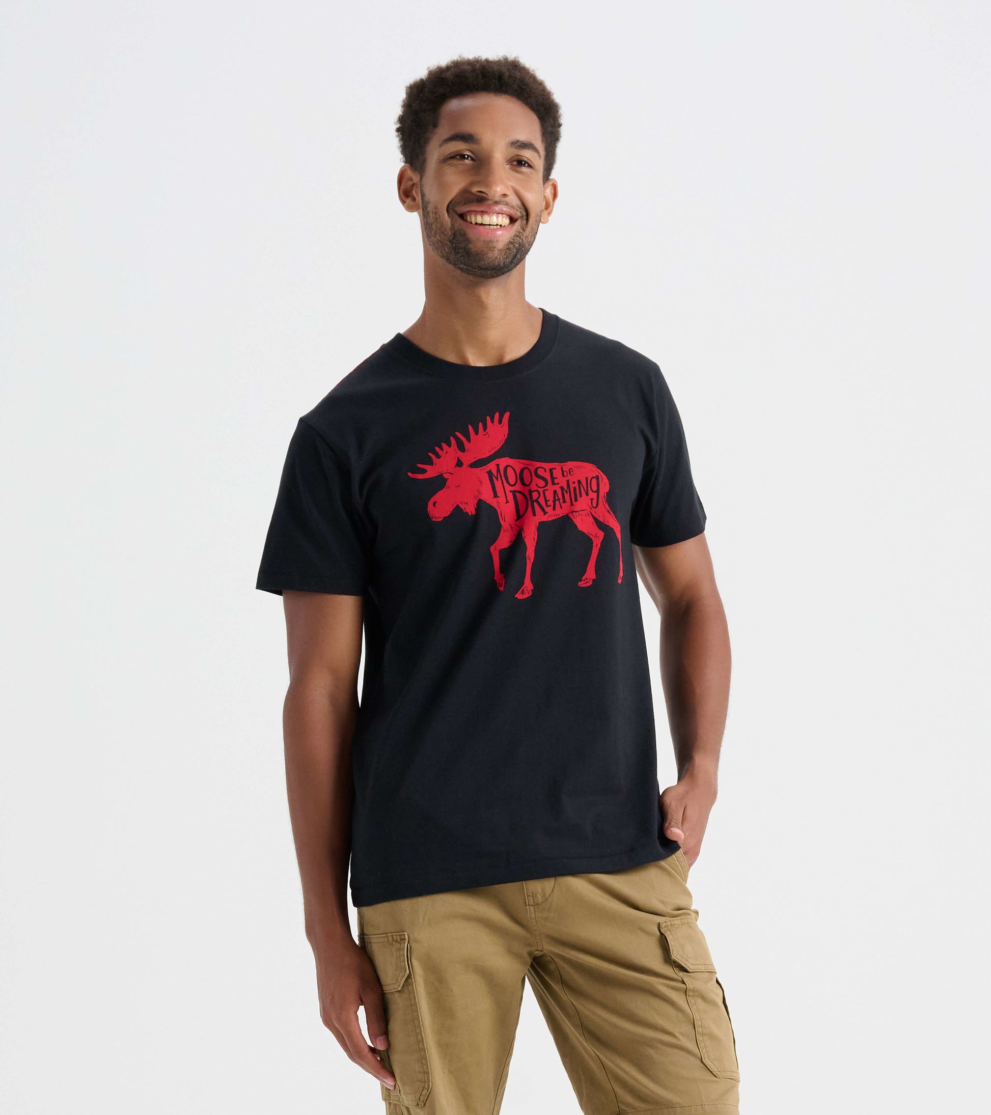 Black men's t-shirt featuring a red moose graphic and text, suitable for casual wear.