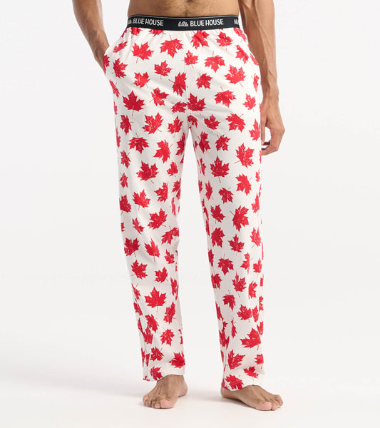 Men's cotton pajama pants featuring a white background with red maple leaf pattern and an elastic waistband.