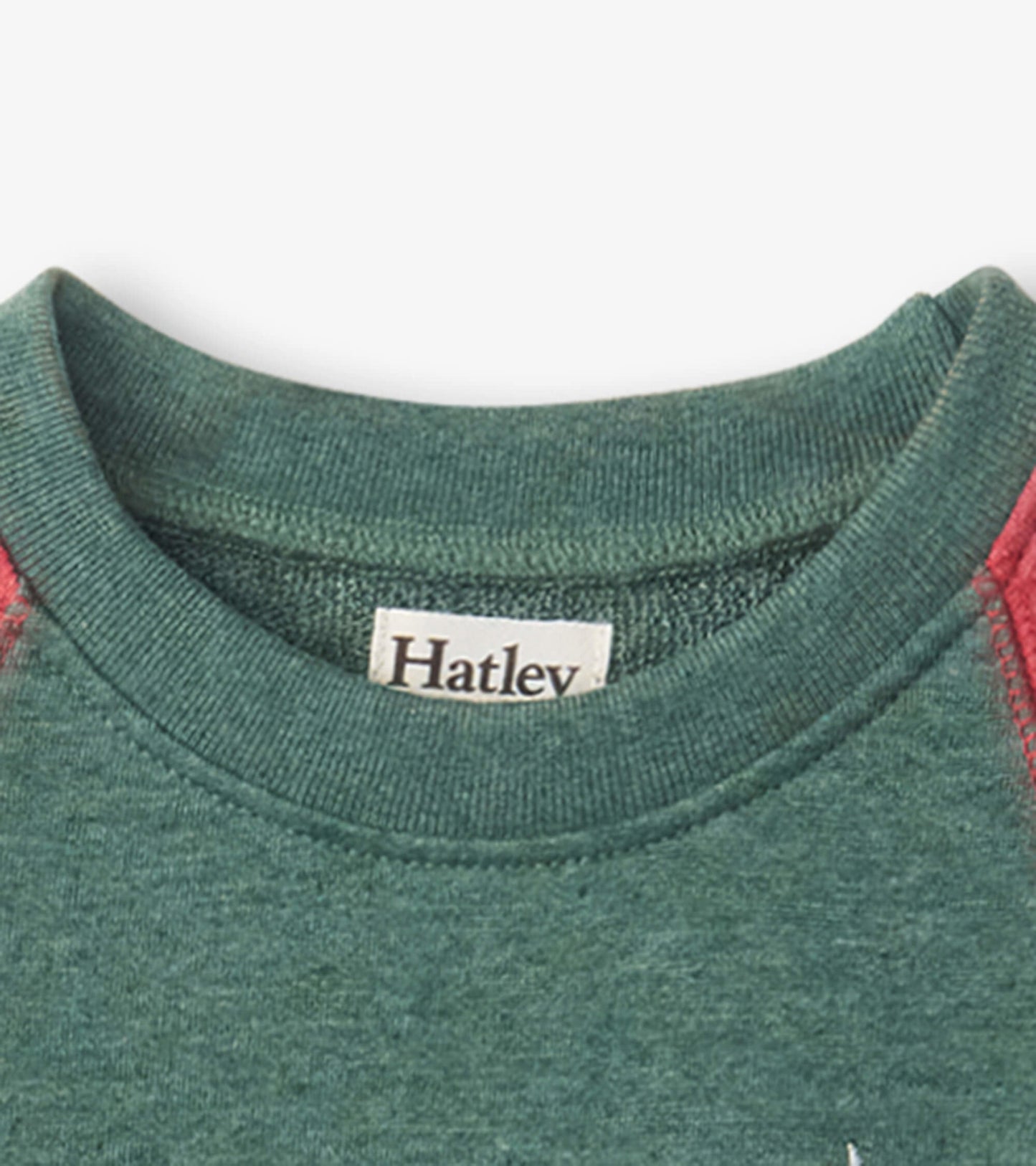 Green pullover sweatshirt with red raglan sleeves and a festive stag design on the front.