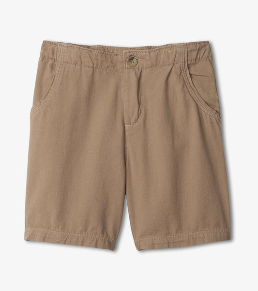 Khaki twill shorts with a button closure and side pockets, suitable for casual wear.
