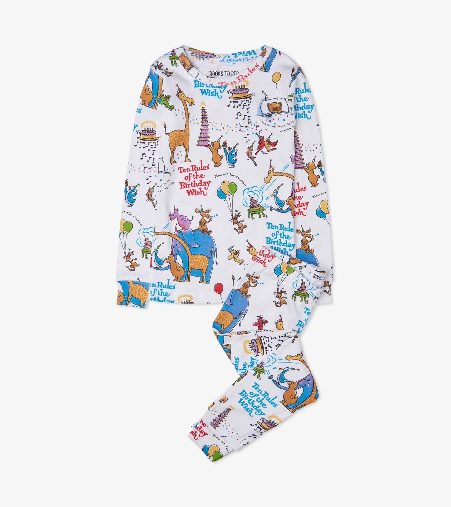 White pajama set featuring colorful illustrations of animals and birthday themes, including balloons and cake.