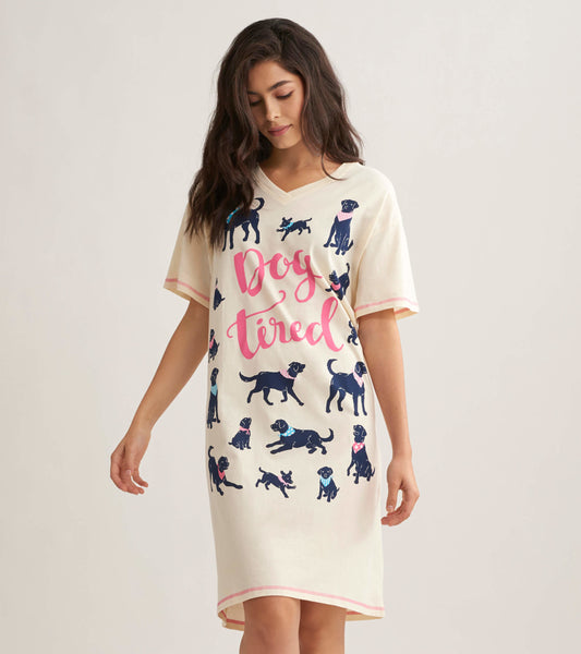 Cream sleepshirt featuring a playful dog print and "Dog tired" text in pink, with a V-neck and short sleeves.