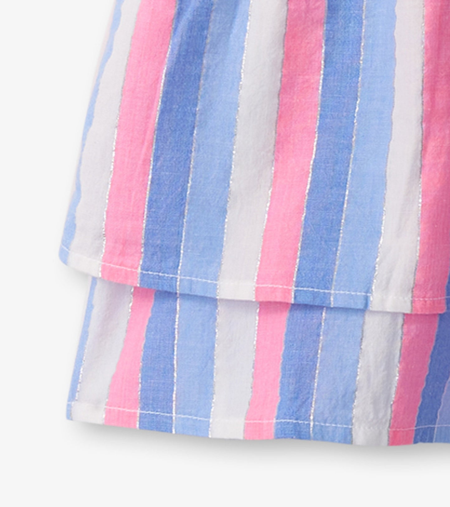 Smocked waist dress featuring vertical stripes in blue, pink, and white, made from lightweight fabric.