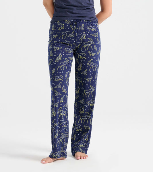 Navy cotton pajama pants featuring animal constellations in yellow, with a relaxed fit and drawstring waist.