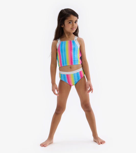 Colorful rainbow tankini set featuring a sleeveless top and matching bottoms with a playful design.