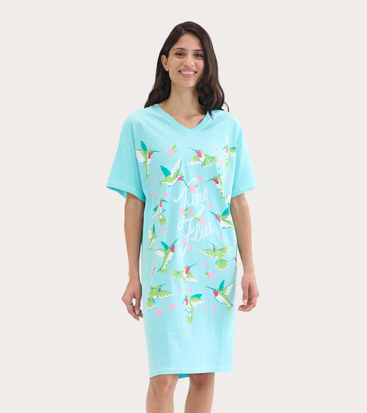 A light blue sleepshirt featuring colorful hummingbird and floral patterns, with a relaxed fit and V-neck design.