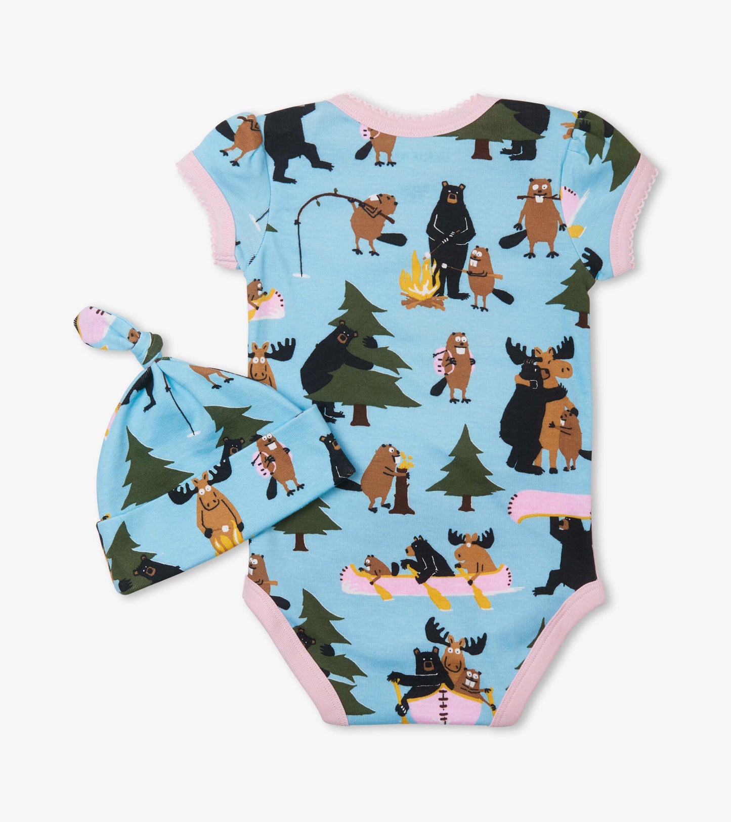 Light blue bodysuit with playful animal print and matching hat, featuring bears, moose, and trees. Short sleeves and pink tr…