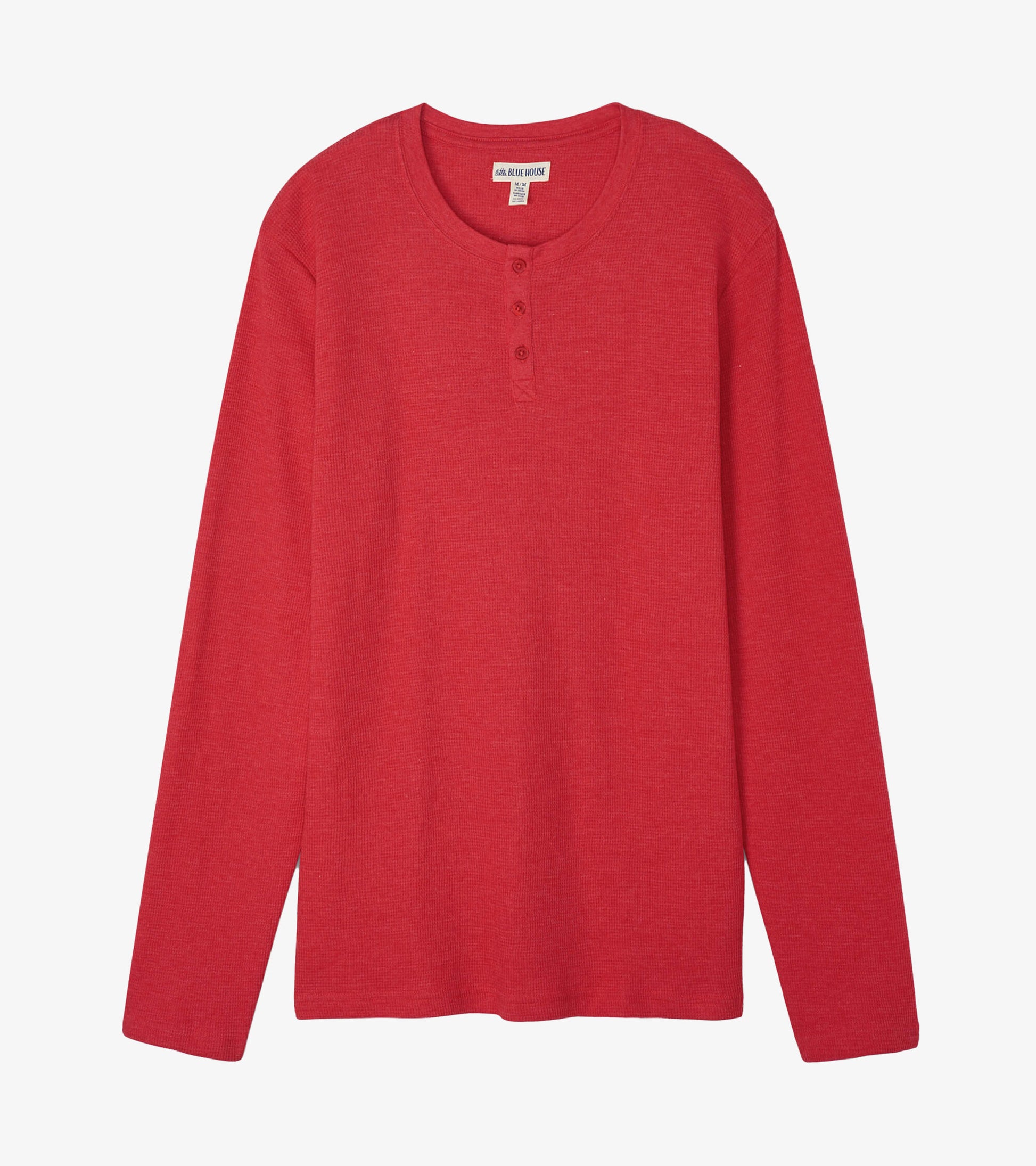 Red waffle henley shirt with long sleeves and a buttoned neckline, suitable for casual wear.
