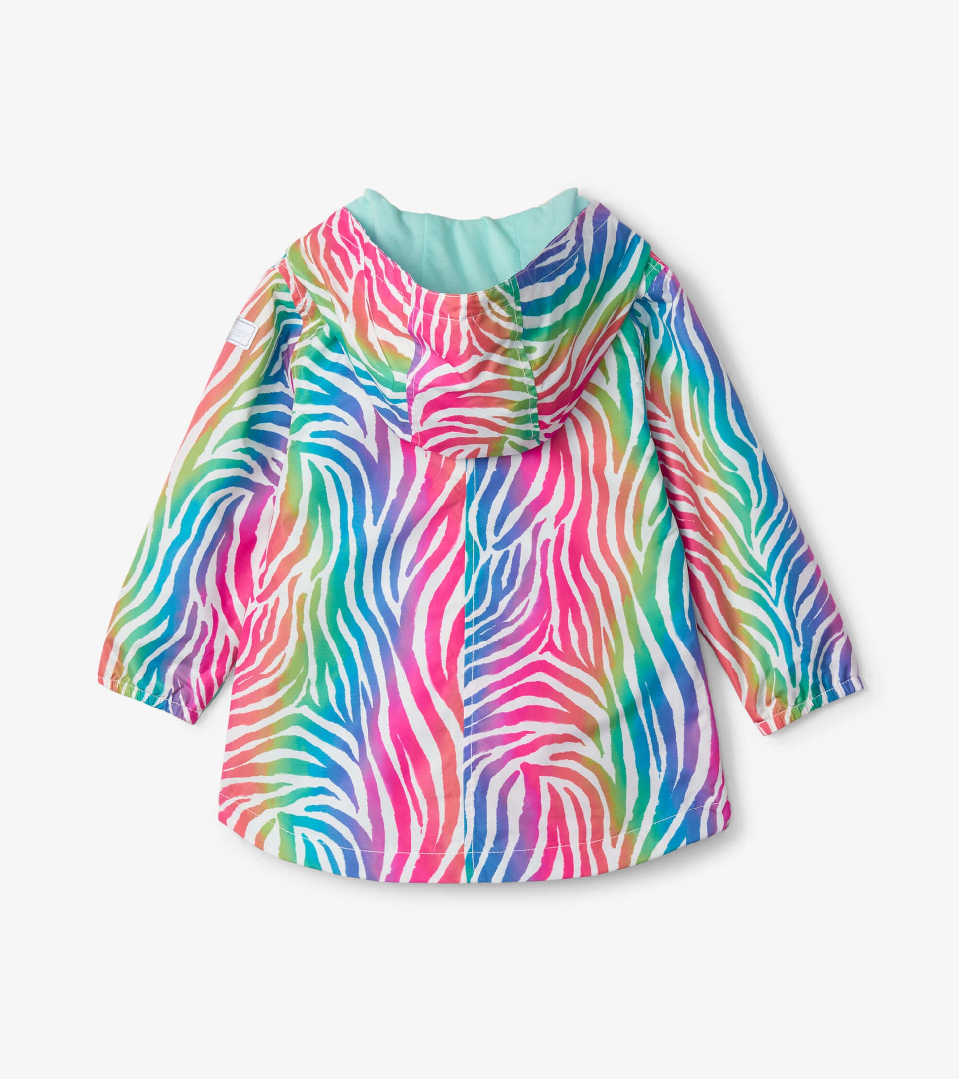 Colorful rainbow zebra print field jacket with a hood, featuring long sleeves and a relaxed fit.
