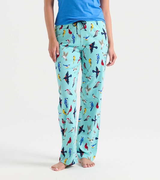 Light blue cotton pajama pants featuring a colorful bird print, designed for comfort and relaxation.