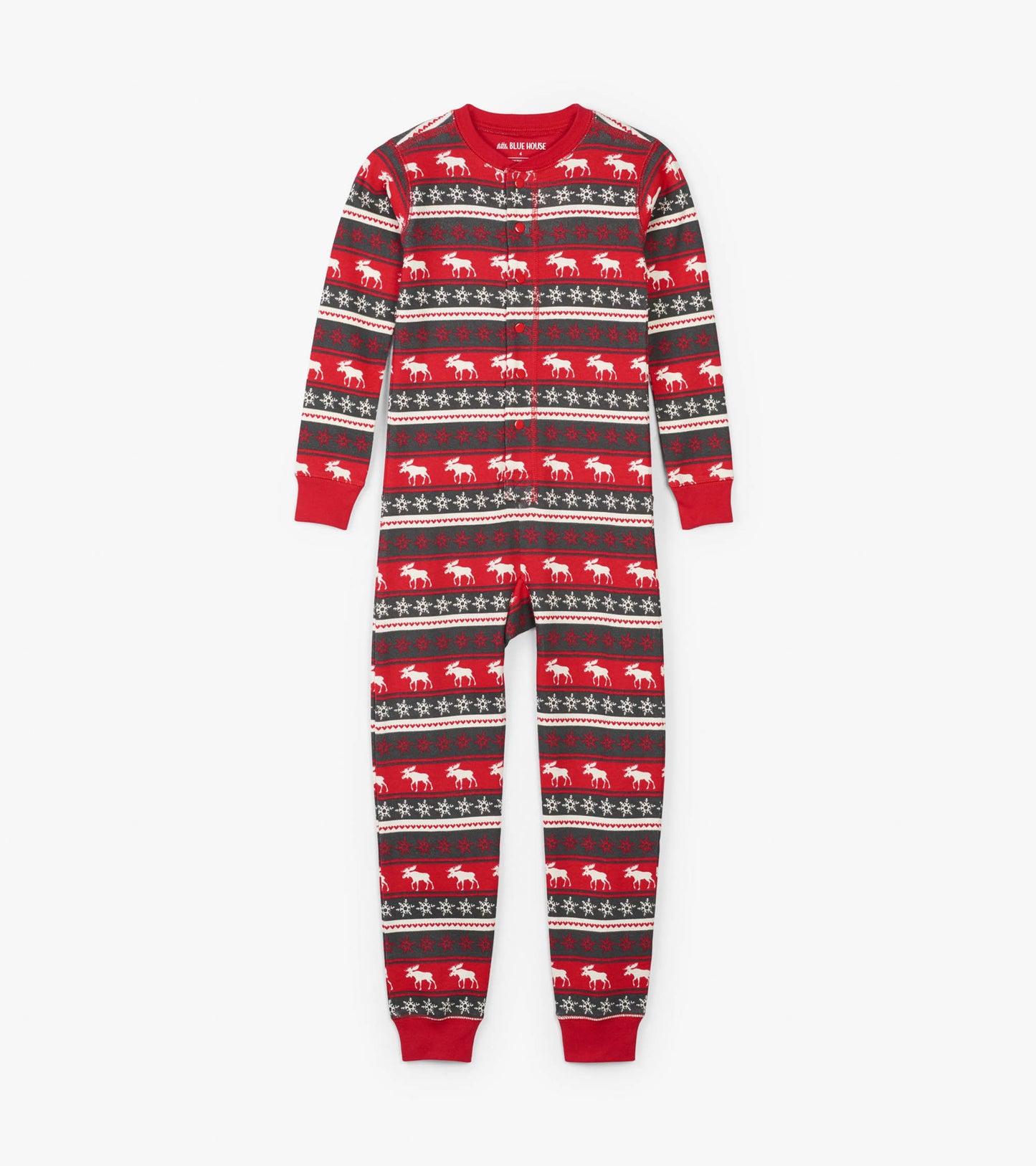Red Fair Isle onesie featuring moose and snowflake patterns, long sleeves, and a snug fit for kids.