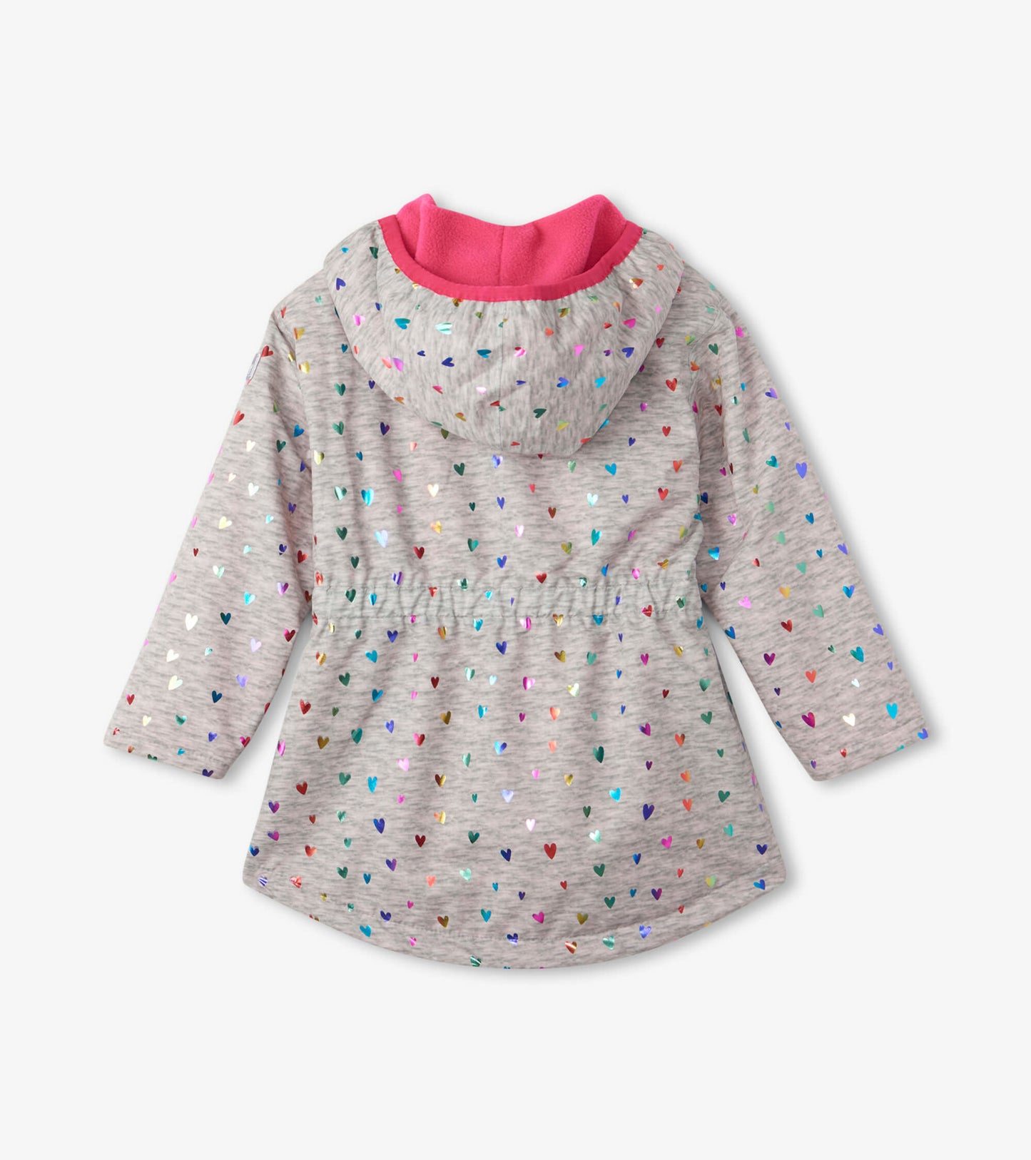Lightweight gray rain jacket with colorful confetti heart pattern and pink hood, featuring a zip-up front and elastic waist.