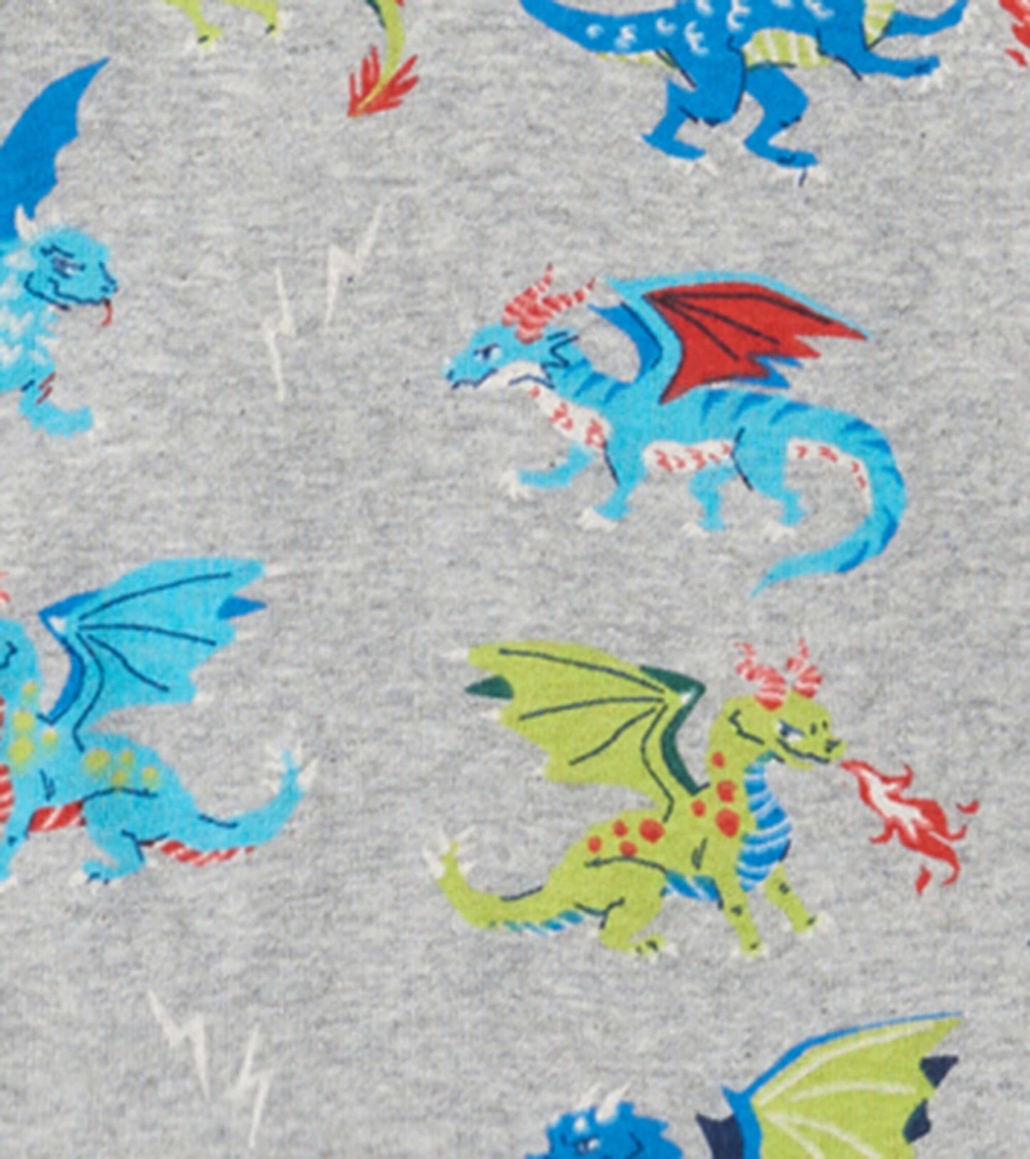 Gray organic cotton pajama set featuring colorful dragon illustrations in various poses and styles.
