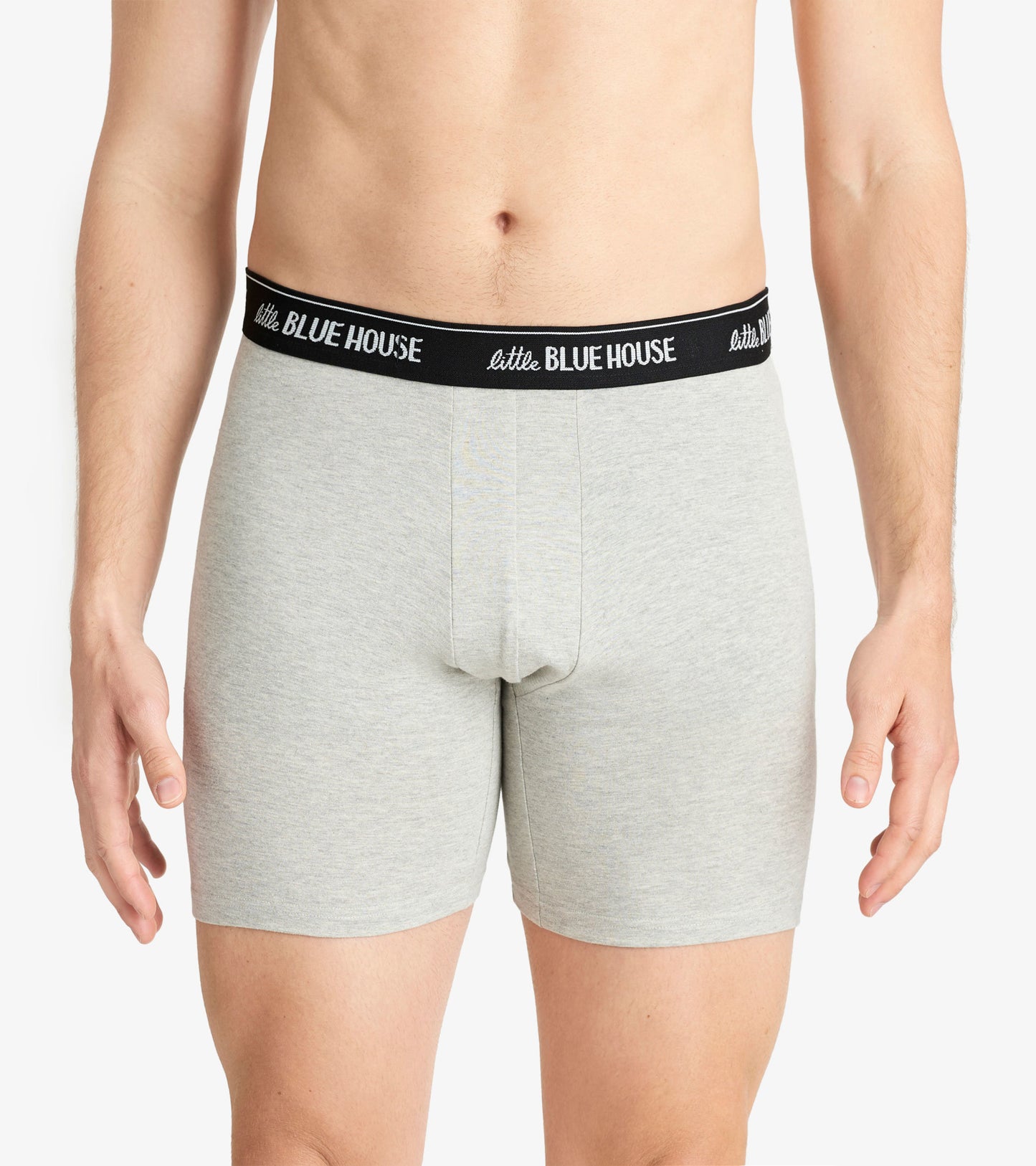 Gray boxer briefs with a black waistband, featuring a snug fit and a front pouch design.