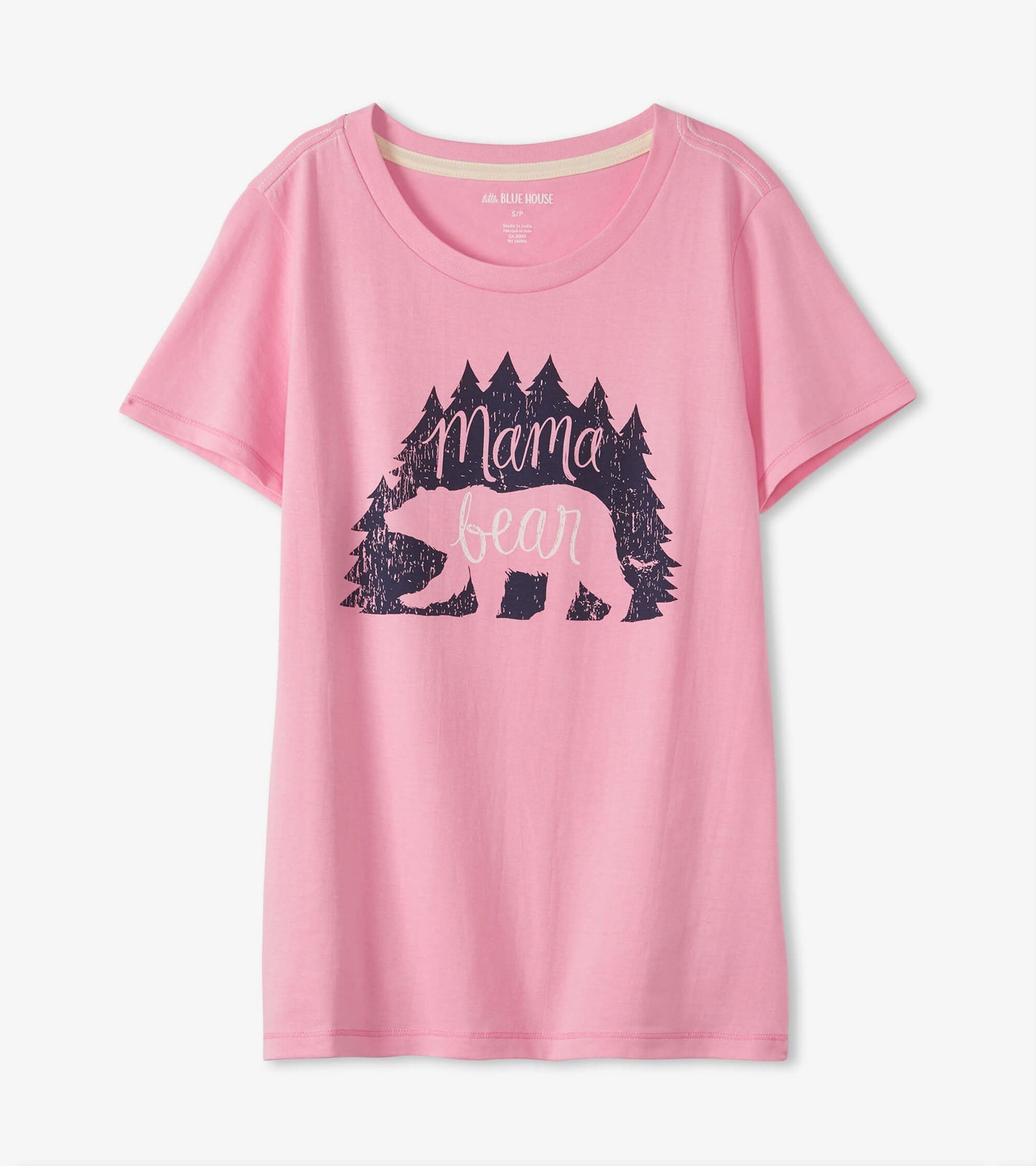 Pink short-sleeve pajama t-shirt featuring a bear and tree graphic with the text "Mama bear.