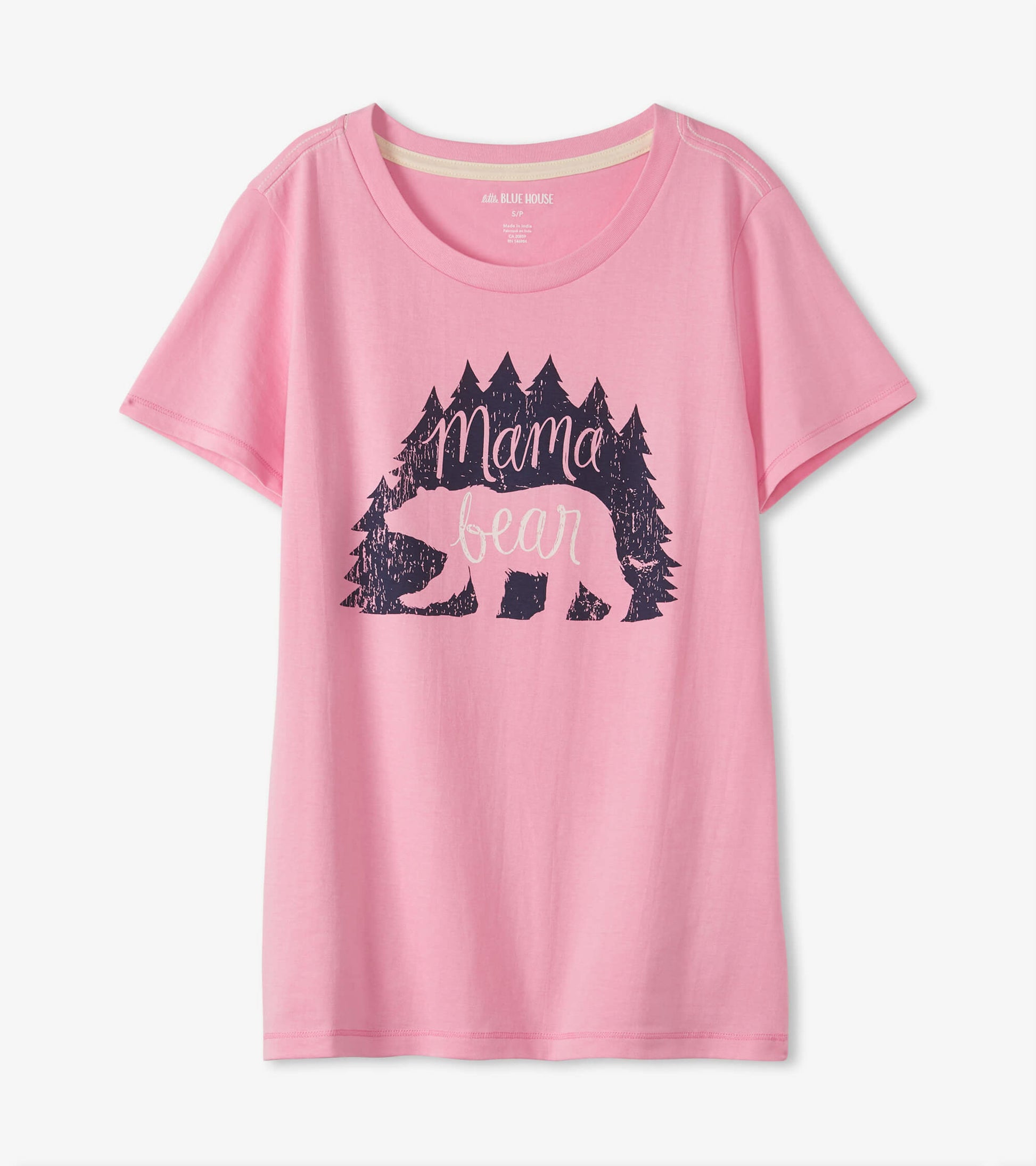 Pink short-sleeve pajama t-shirt featuring a bear and tree graphic with the text "Mama bear.