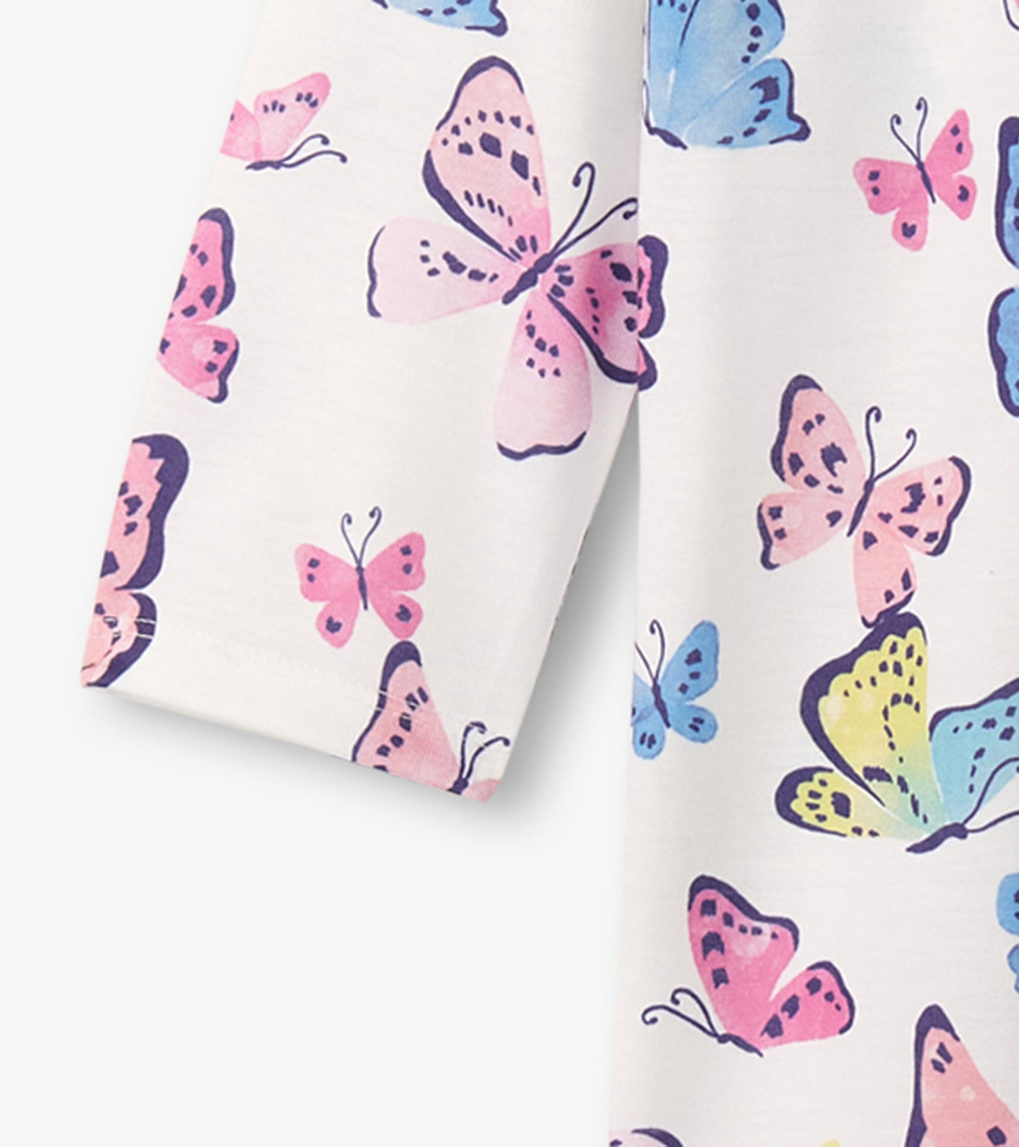 Long sleeve nightgown featuring a white fabric with colorful butterfly prints in pink, blue, and yellow.