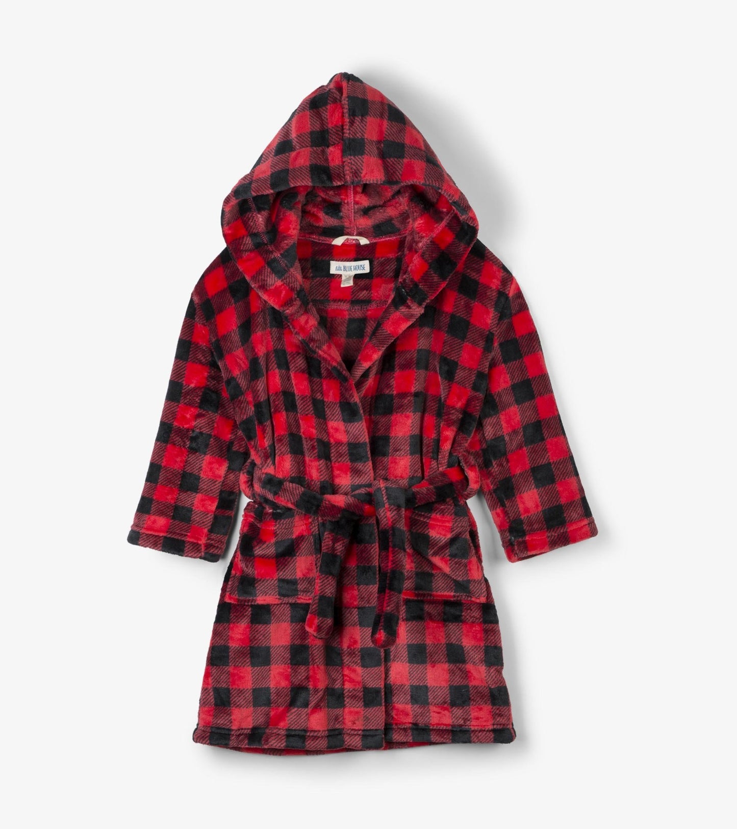 Red and black buffalo plaid fleece robe with a hood, tie belt, and two front pockets. Suitable for kids.