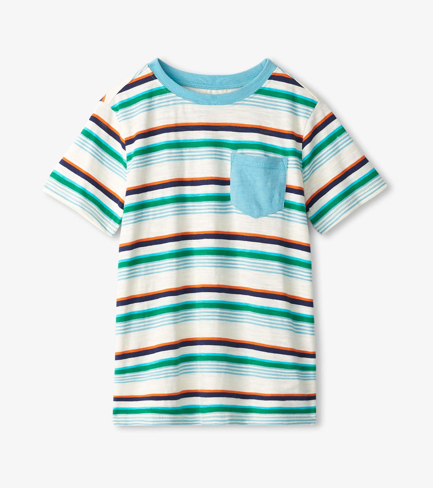 Striped short-sleeve tee in white, green, blue, and orange with a chest pocket. Suitable for casual outdoor wear.