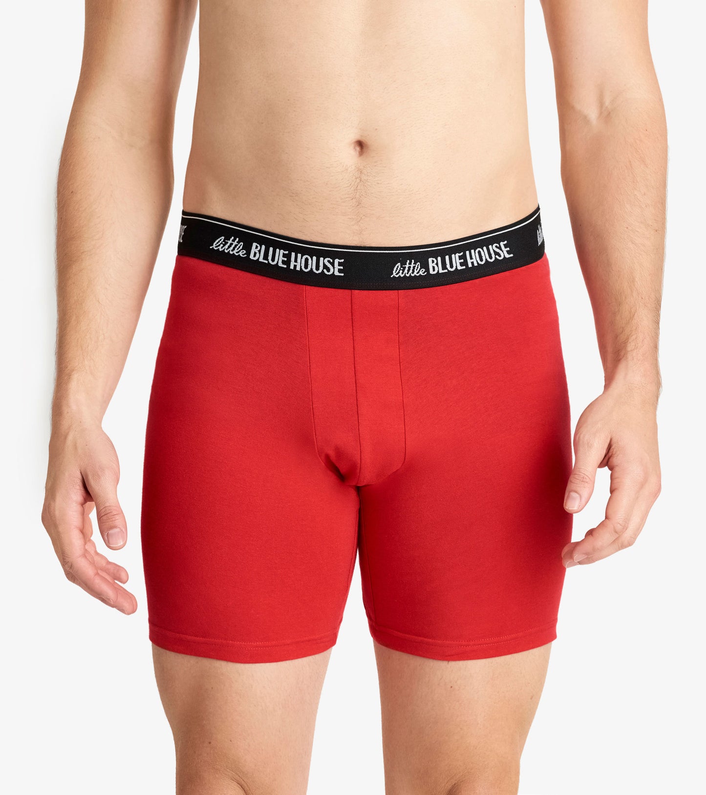 Red men's boxer briefs with a black waistband, featuring a snug fit and soft material.