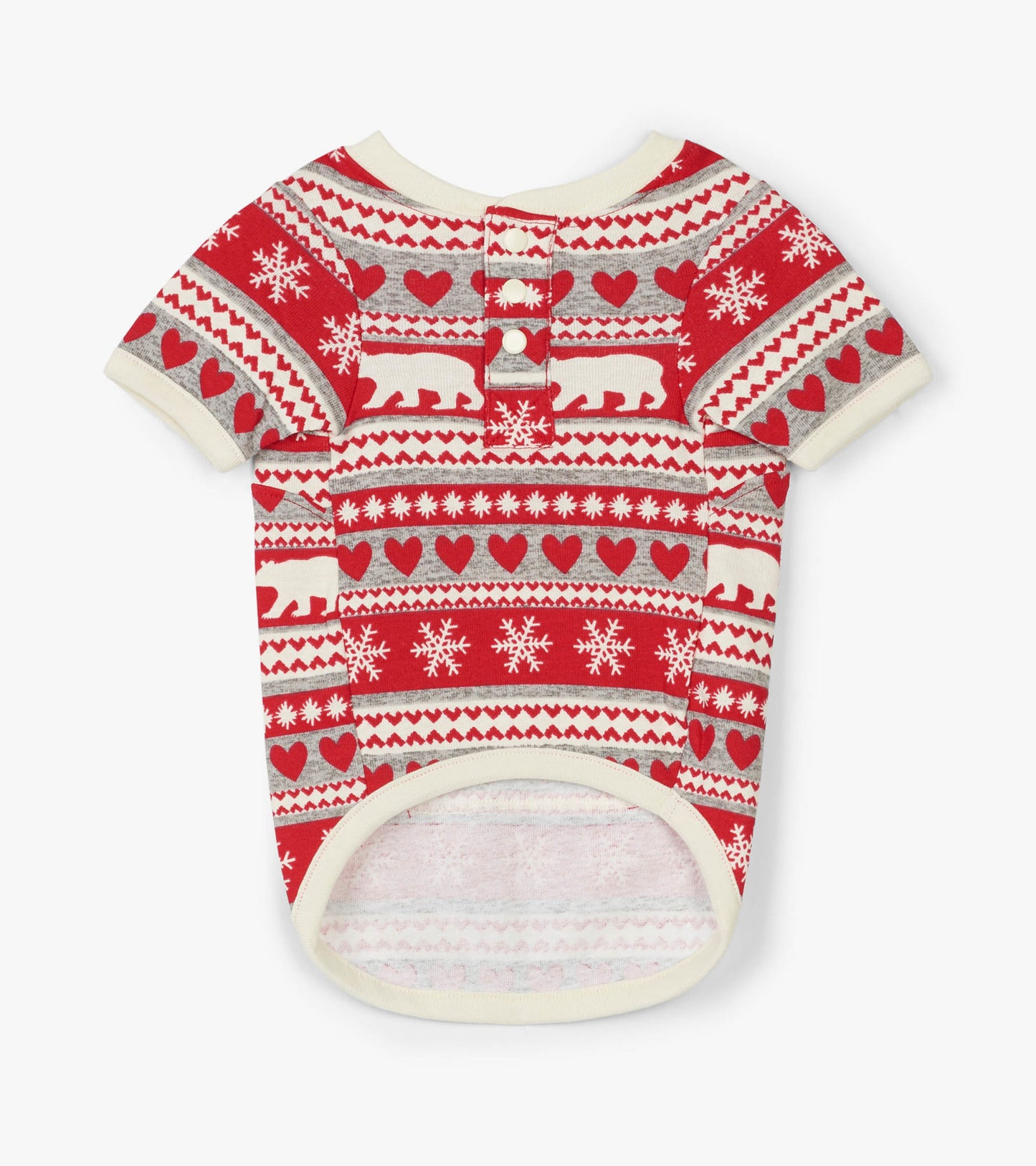 Red and gray Fair Isle patterned dog pajama with snowflakes, hearts, and bears, featuring a button closure at the back.