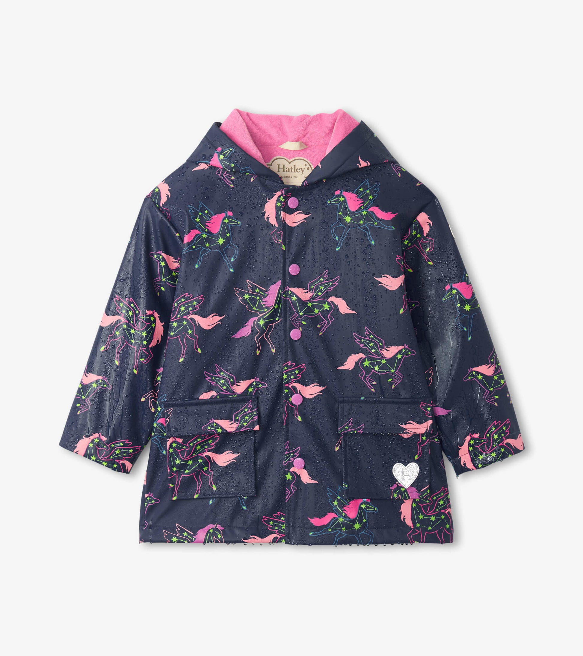 Navy rain jacket featuring colorful unicorn constellations, pink accents, and front pockets. Ideal for rainy days.