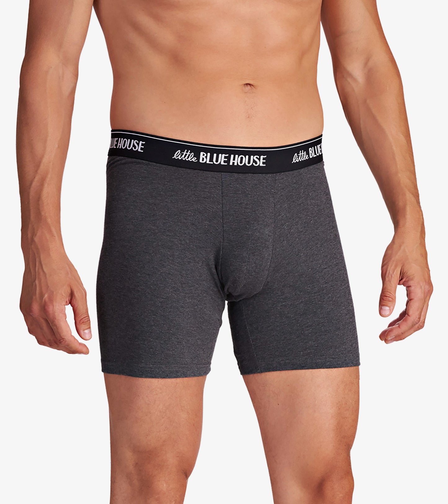 Gray glow-in-the-dark boxer briefs with a black waistband, featuring a snug fit and mid-thigh length.