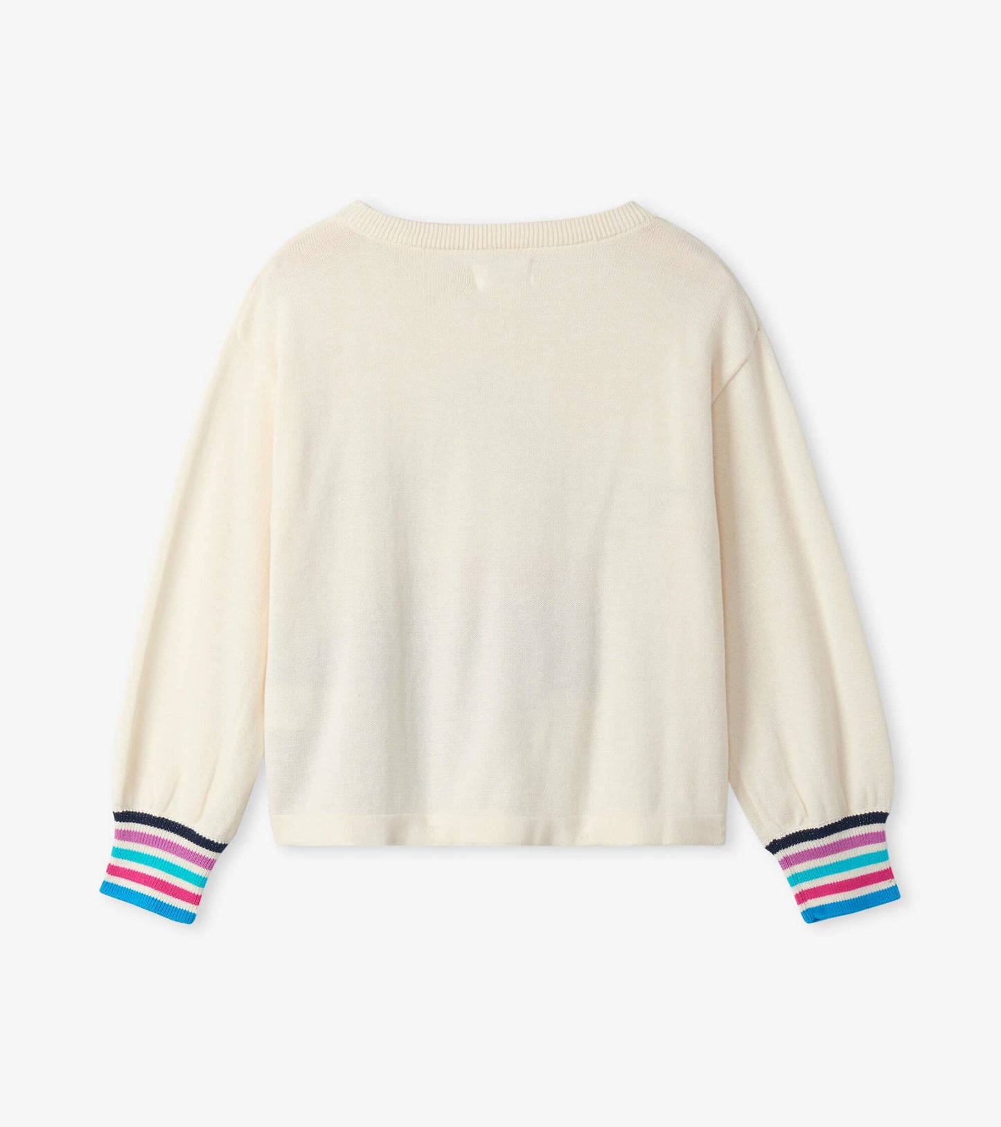 Cream-colored sweater with long sleeves and colorful striped cuffs, featuring a simple, relaxed fit.